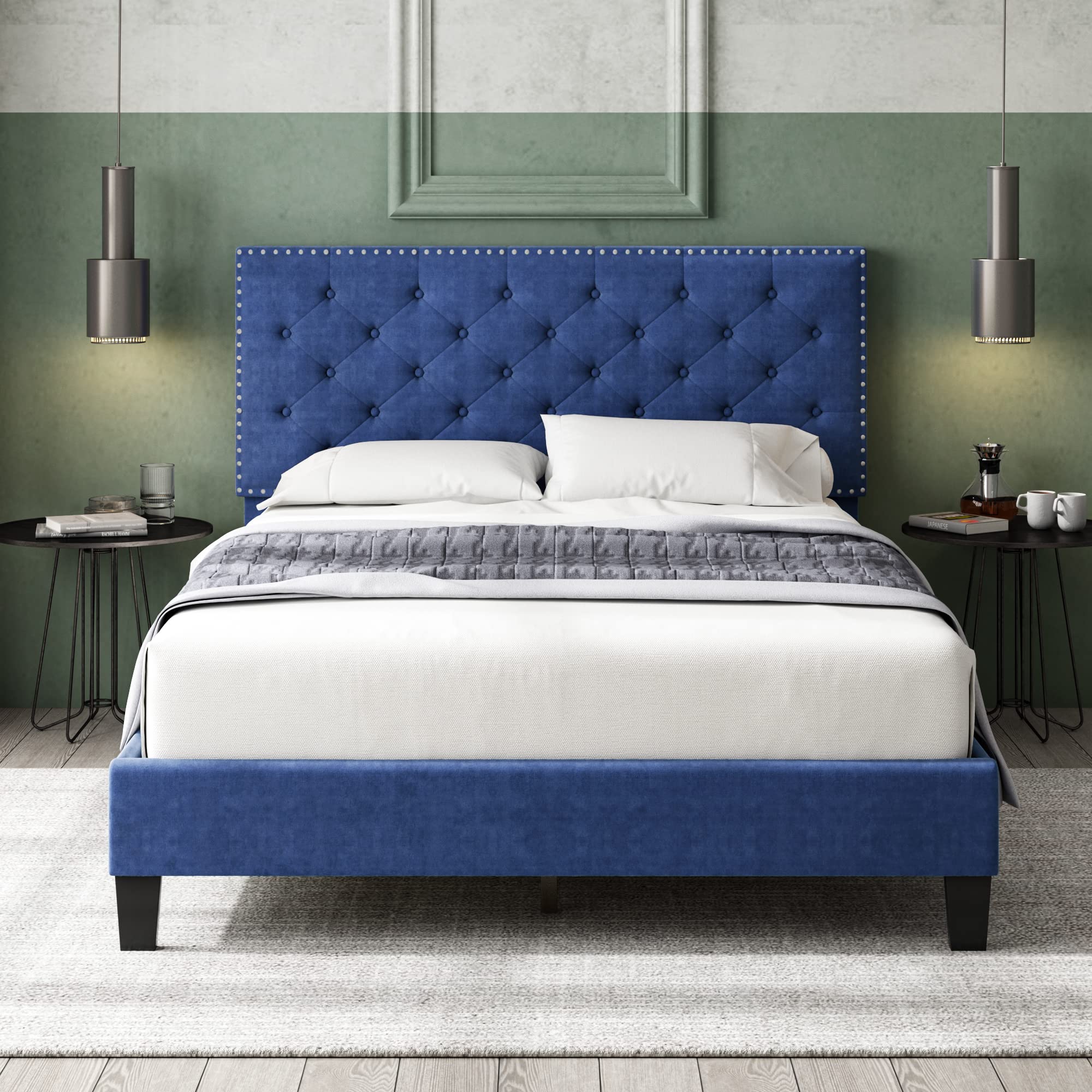 HOSTACK Full Size Bed Frame - Modern Upholstered Platform Bed with Adjustable Headboard & Wood Slat Support | Heavy Duty Button Tufted Design | Easy Assembly, No Box Spring Needed | Perfect for Master Bedroom, Guest Room & Small Spaces (Blue, Full)