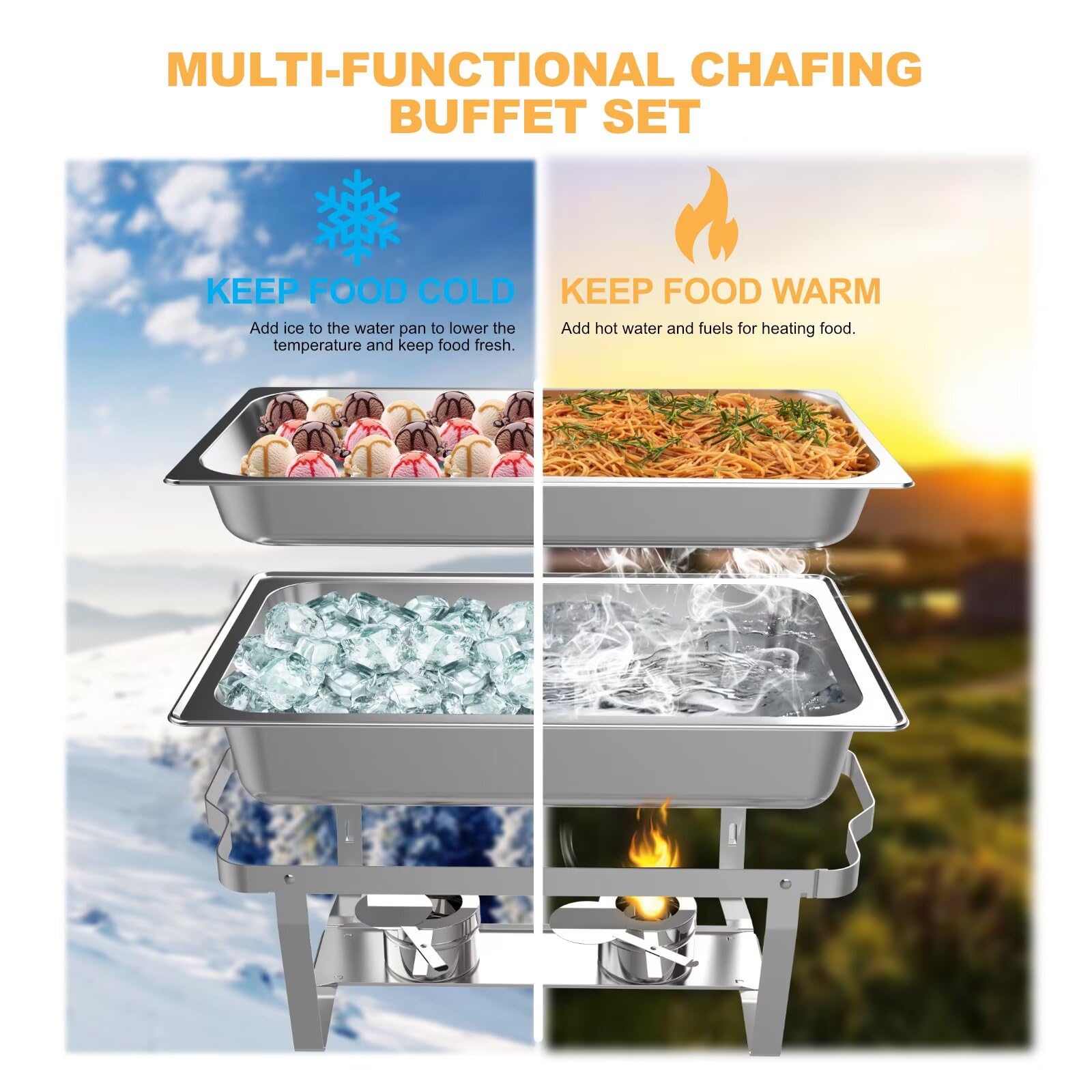 2 Pack 8QT Stainless Steel Rectangular Chafing Dish Buffet Set - Includes Full & Half Food Pans, Fuel Holder & Foldable Frame - Perfect for Catering, Weddings, Parties, Banquets & Buffet Events - Keep Food Warm for Hours