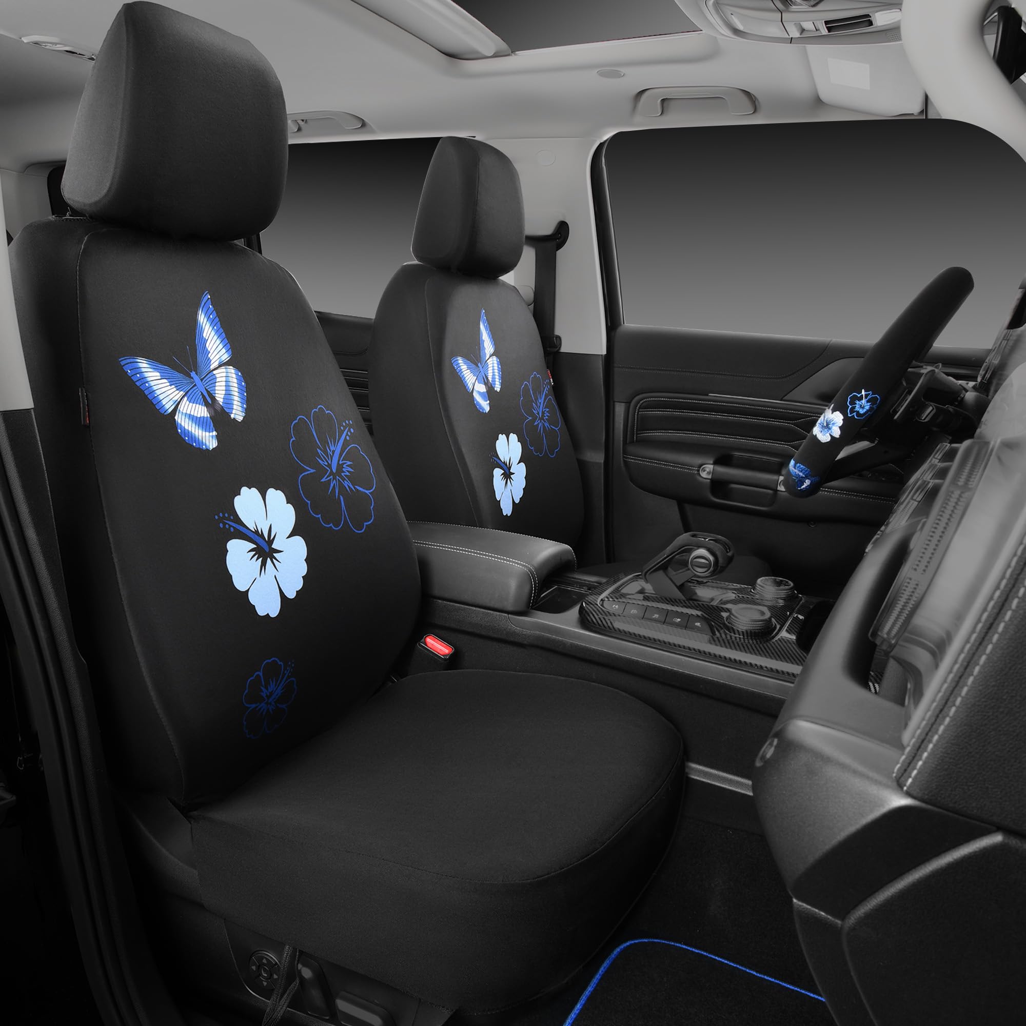 CAR PASS Blue Butterfly Car Seat Covers Full Set - Waterproof Embroidered Flower Car Floor Mats & Steering Wheel Cover - Universal Car Accessories Interior Set (Black & Blue) - Perfect for Sedans, SUVs & Trucks - Enhances Comfort & Protects Vehicle Interior