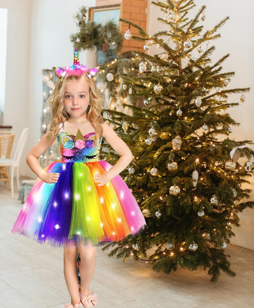 Sparkly Sequin Unicorn Princess Costume for Girls | Light Up Tutu Dress for Birthday Party, Halloween, Christmas | Magical Fairy Tale Dress-Up Play & Photo Shoots