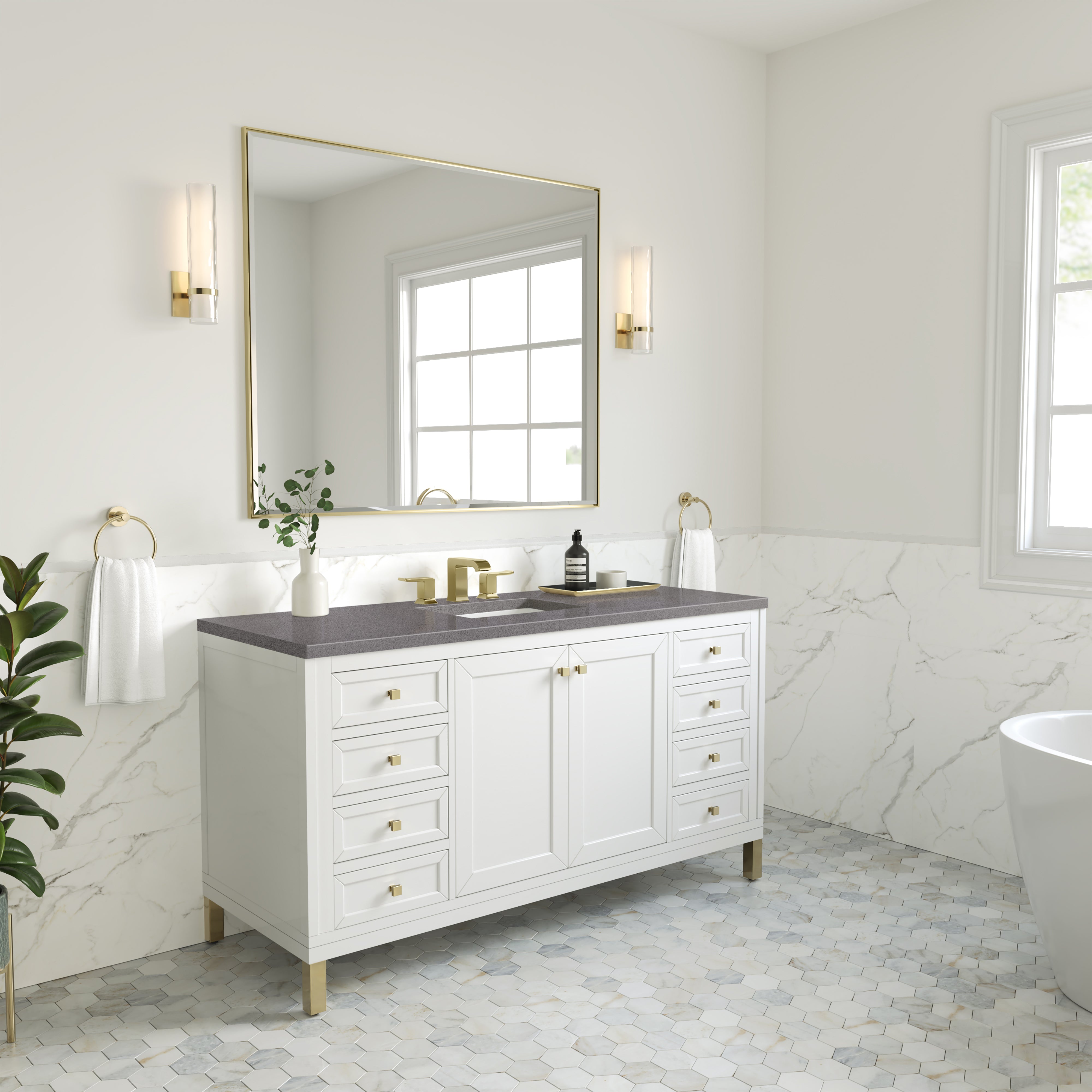 Chicago 60-Inch Single Bathroom Vanity with Glossy White Finish & 3CM Grey Expo Top - Perfect for Modern Home Renovation and Bathroom Upgrade