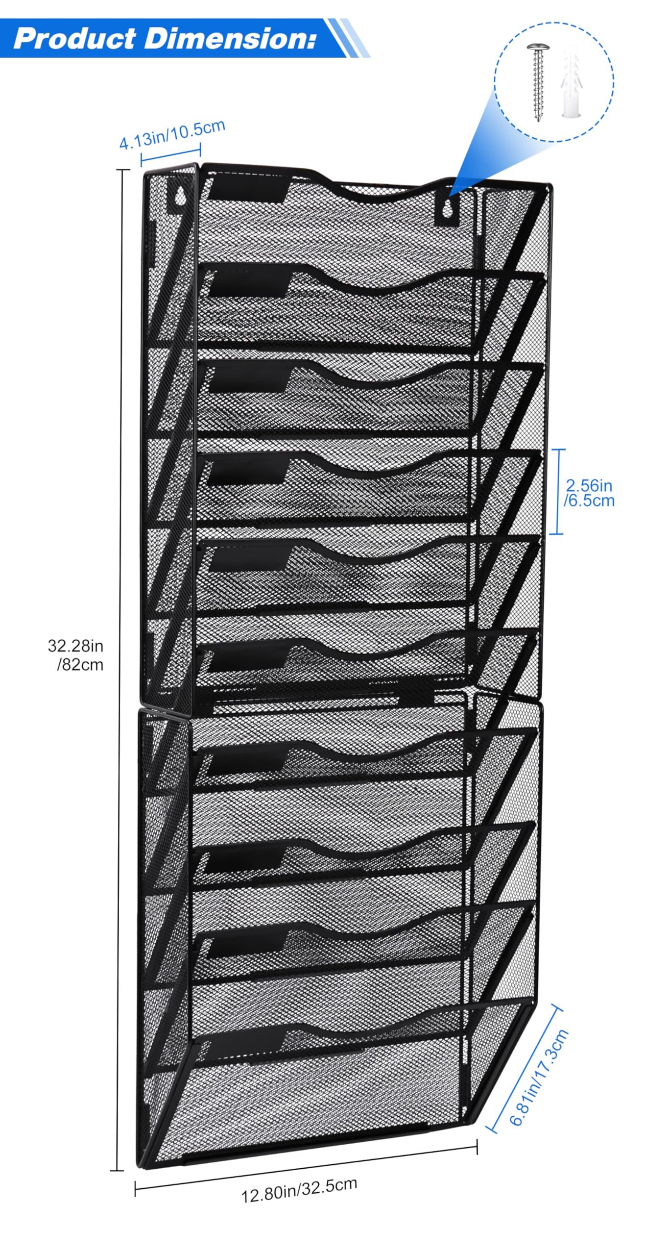 10-Pocket Wall File Holder - Hanging Document Organizer with Folders for Office, Home & School - Black Wall-Mounted Paper Storage for Files, Mail & Magazines - Perfect for Desk Organization & Space Saving