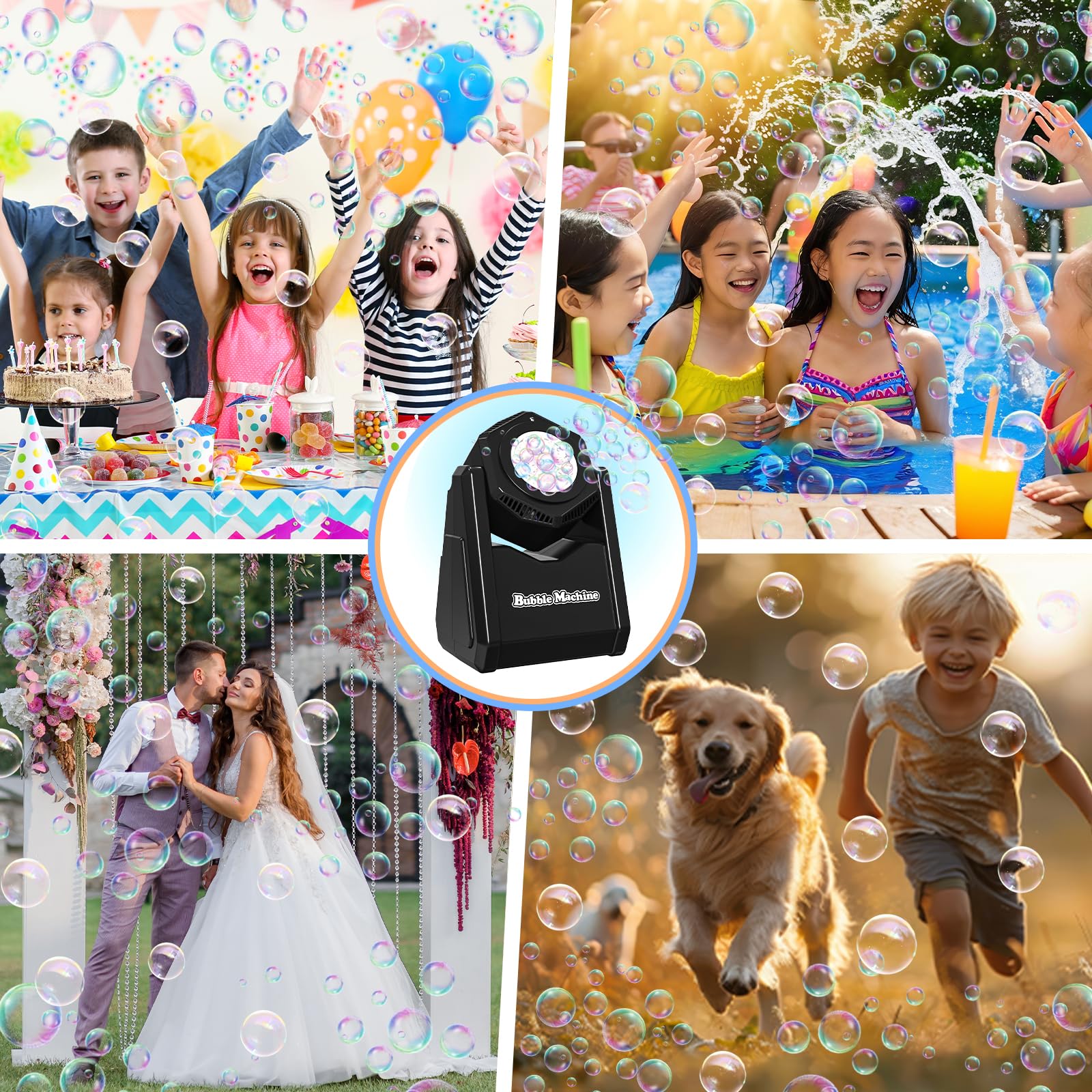 Automatic Bubble Machine for Kids - 90° Adjustable Bubble Blower with Bubble Solution, 20,000+ Bubbles Per Minute | Battery Operated Indoor/Outdoor Party Toy for Birthday, Wedding & Backyard Fun