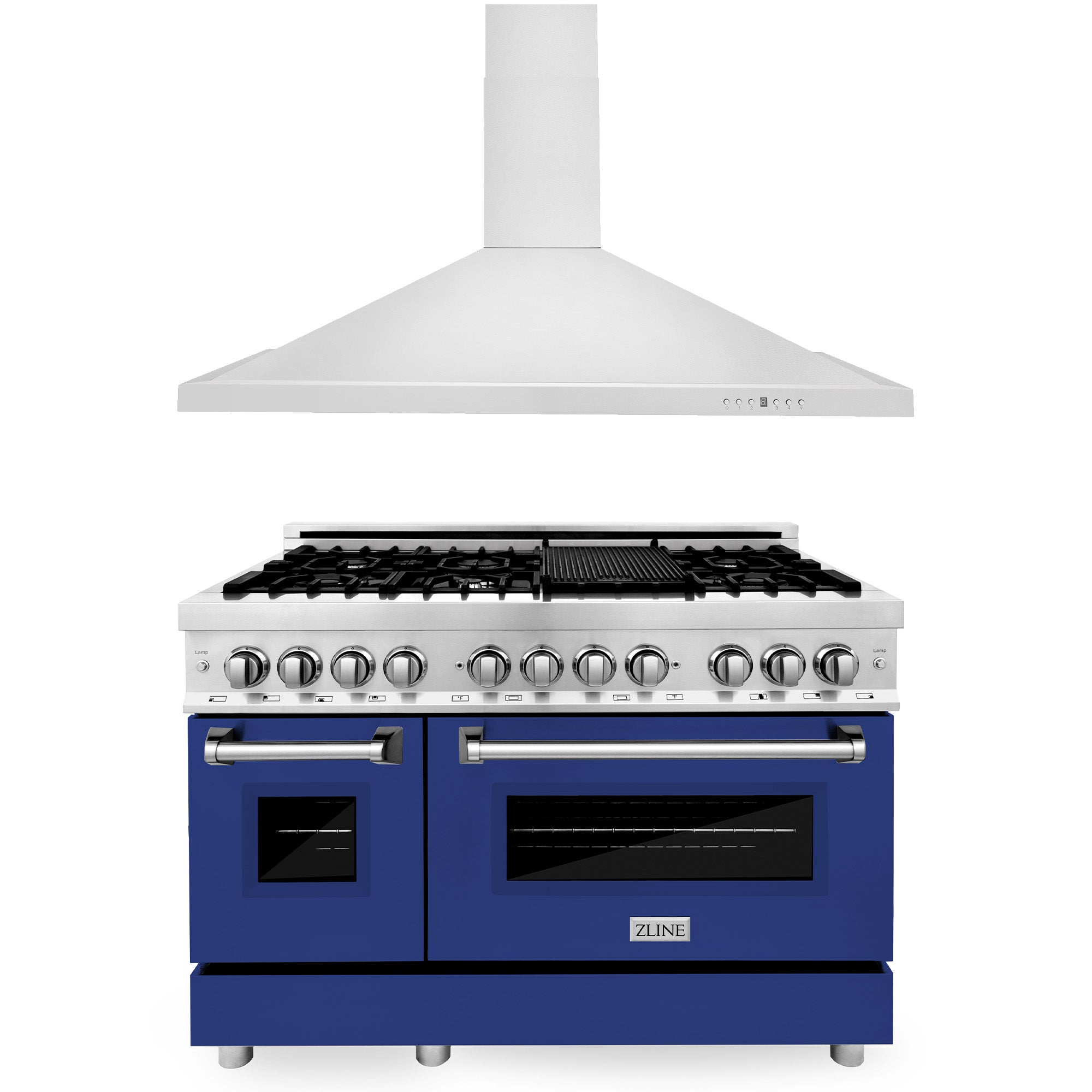 ZLINE 48 Inch Stainless Steel Dual Fuel Range with Blue Gloss Door & Convertible Range Hood - Professional Kitchen Package (2KP RABGRH48) for Home Chefs & Restaurant-Style Cooking