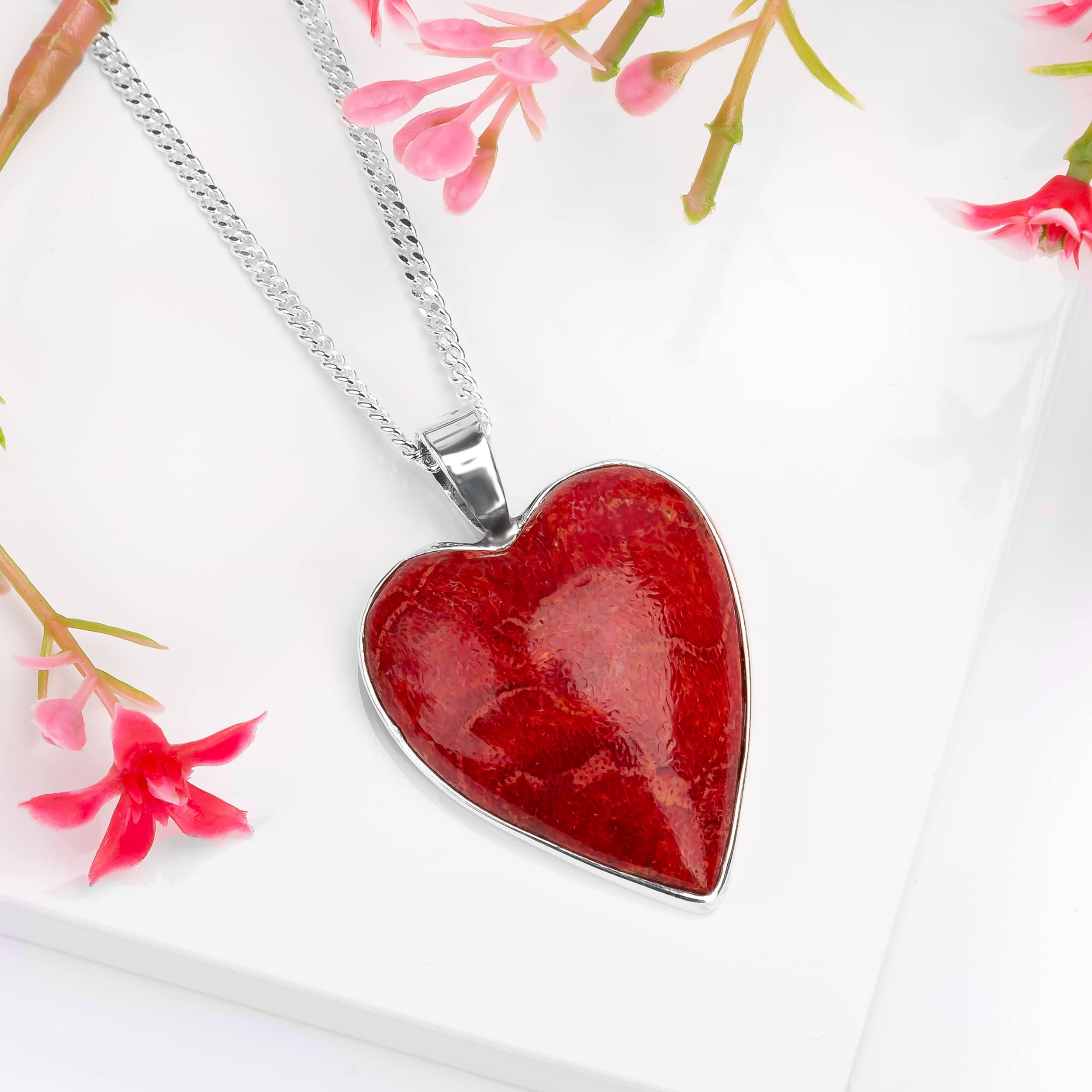 HENRYKA 925 Sterling Silver Red Horn Coral Heart Necklace & Earrings Set | Romantic Love Jewelry Gift for Women | Perfect for Anniversaries, Valentine's Day & Special Occasions