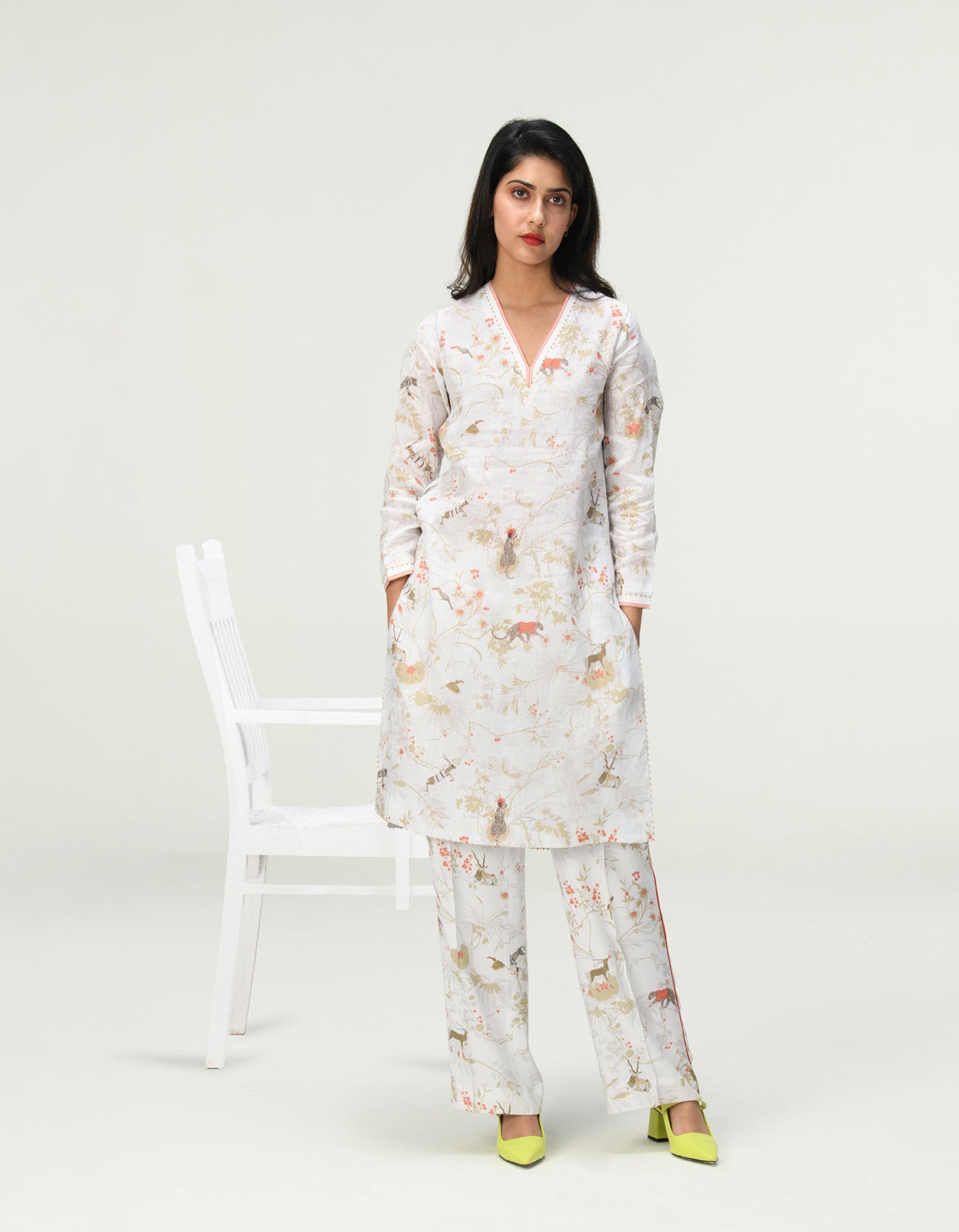 Elegant V Neck Linen Kurta in Ivory - Perfect for Casual Wear, Festivals & Summer Outfits