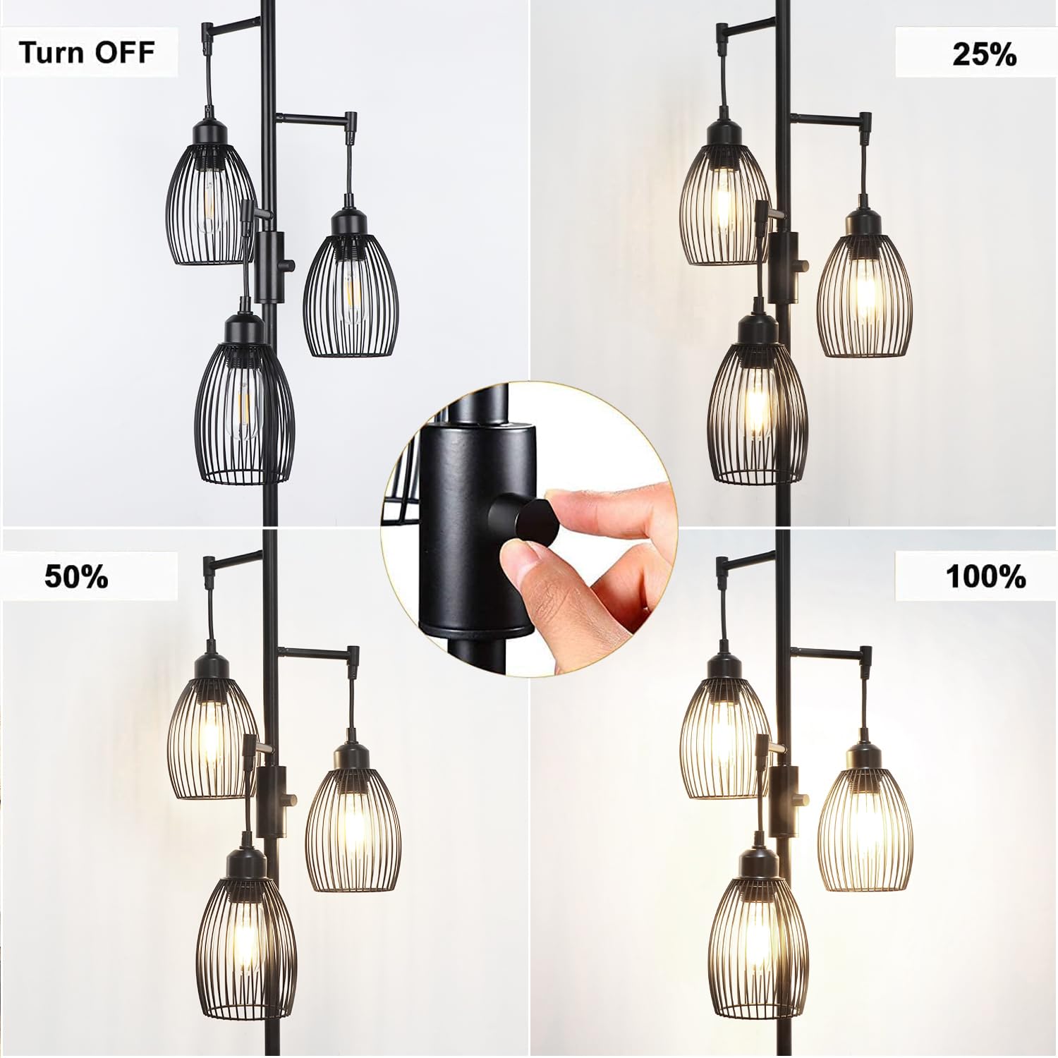 68’’ Dimmable LED Floor Lamp with 3 x 800LM Edison Bulbs - Industrial Rustic Standing Lamp for Living Room & Bedroom - Perfect for Reading, Relaxing, and Home Decor