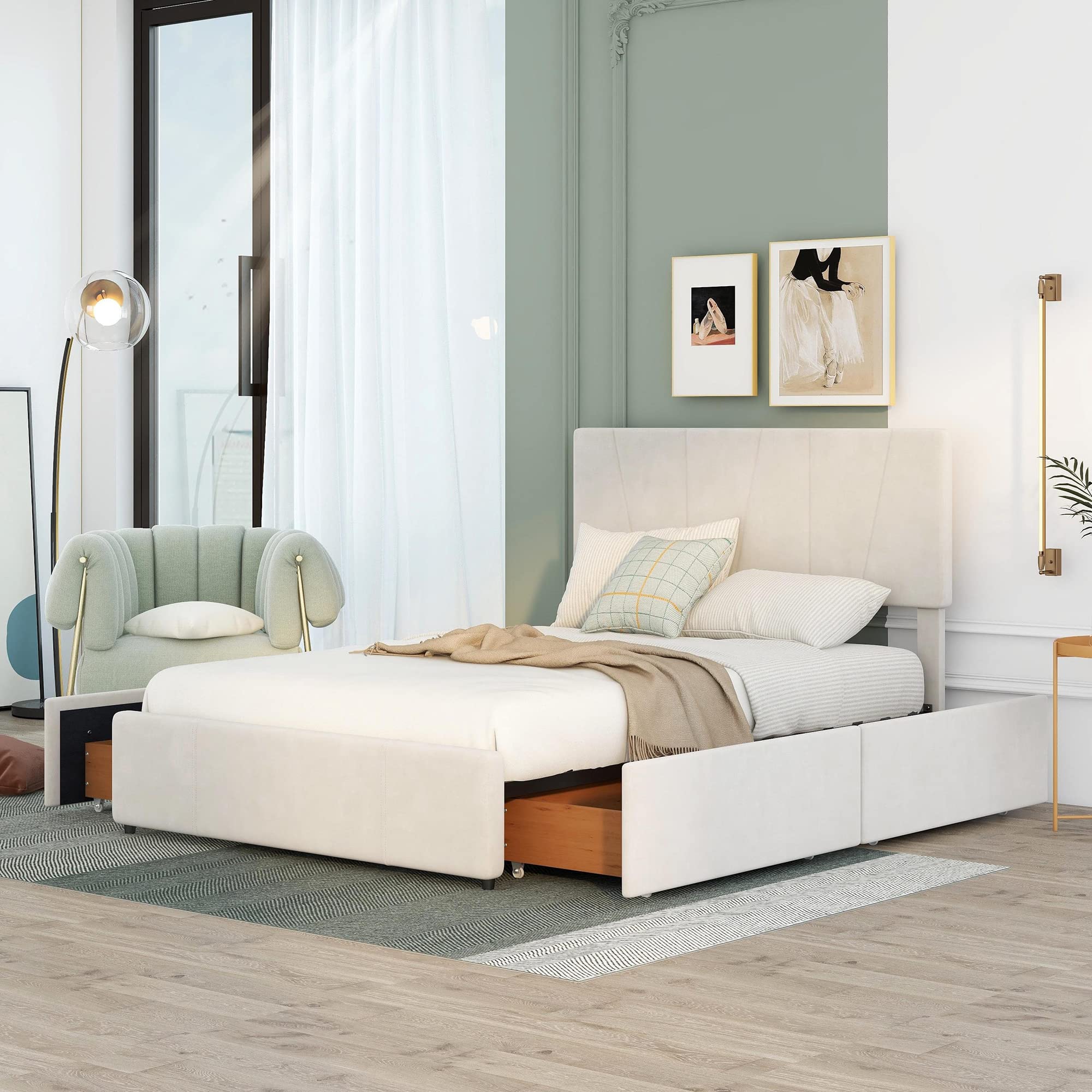SOFTSEA Full Upholstered Bed Frame with 4 Storage Drawers | Velvet Platform Bed with Adjustable Headboard | Modern Bedroom Furniture for Small Spaces & Master Suites