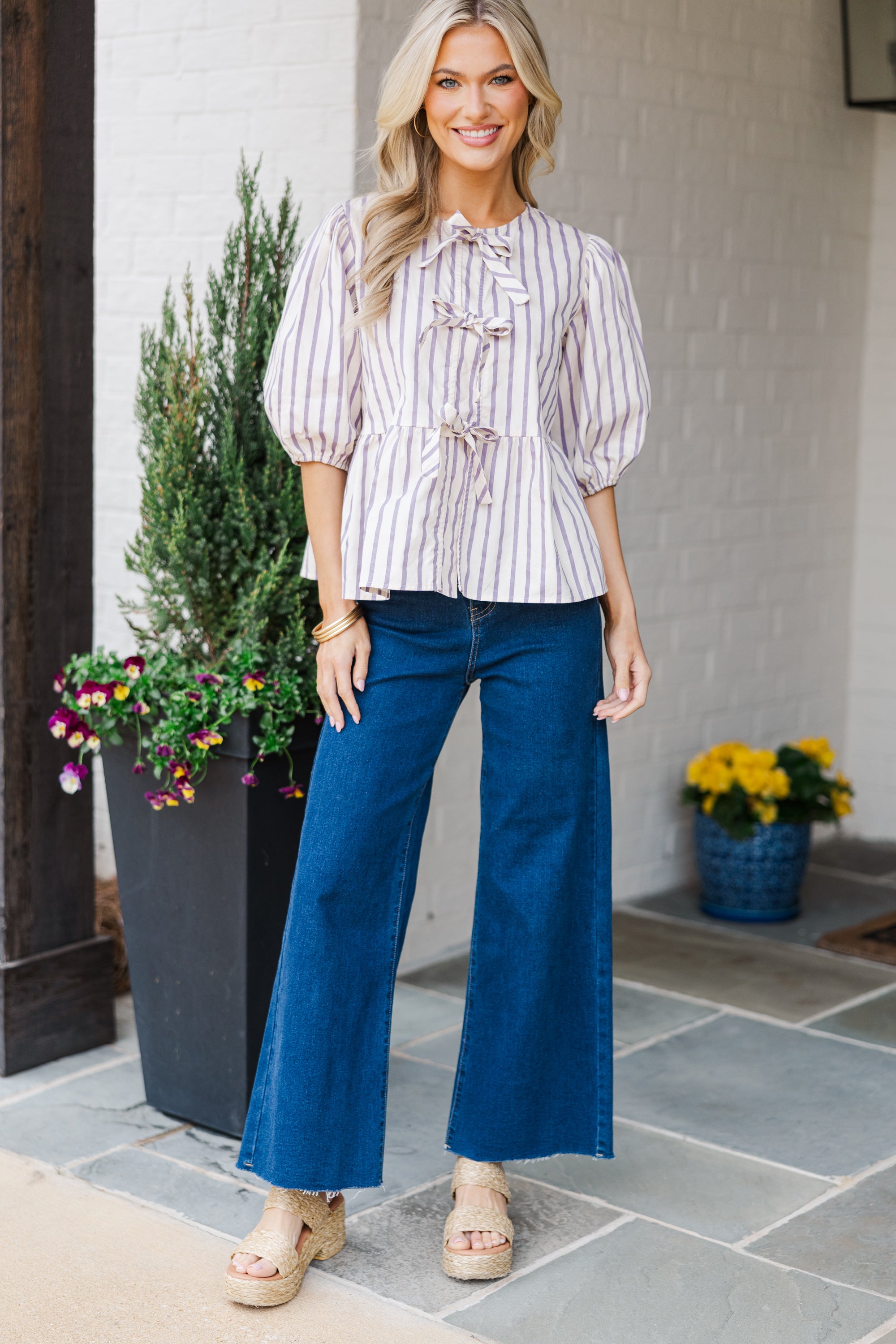 Elegant Lavender Purple Striped Blouse for Women - Perfect for Office Wear & Summer Outfits