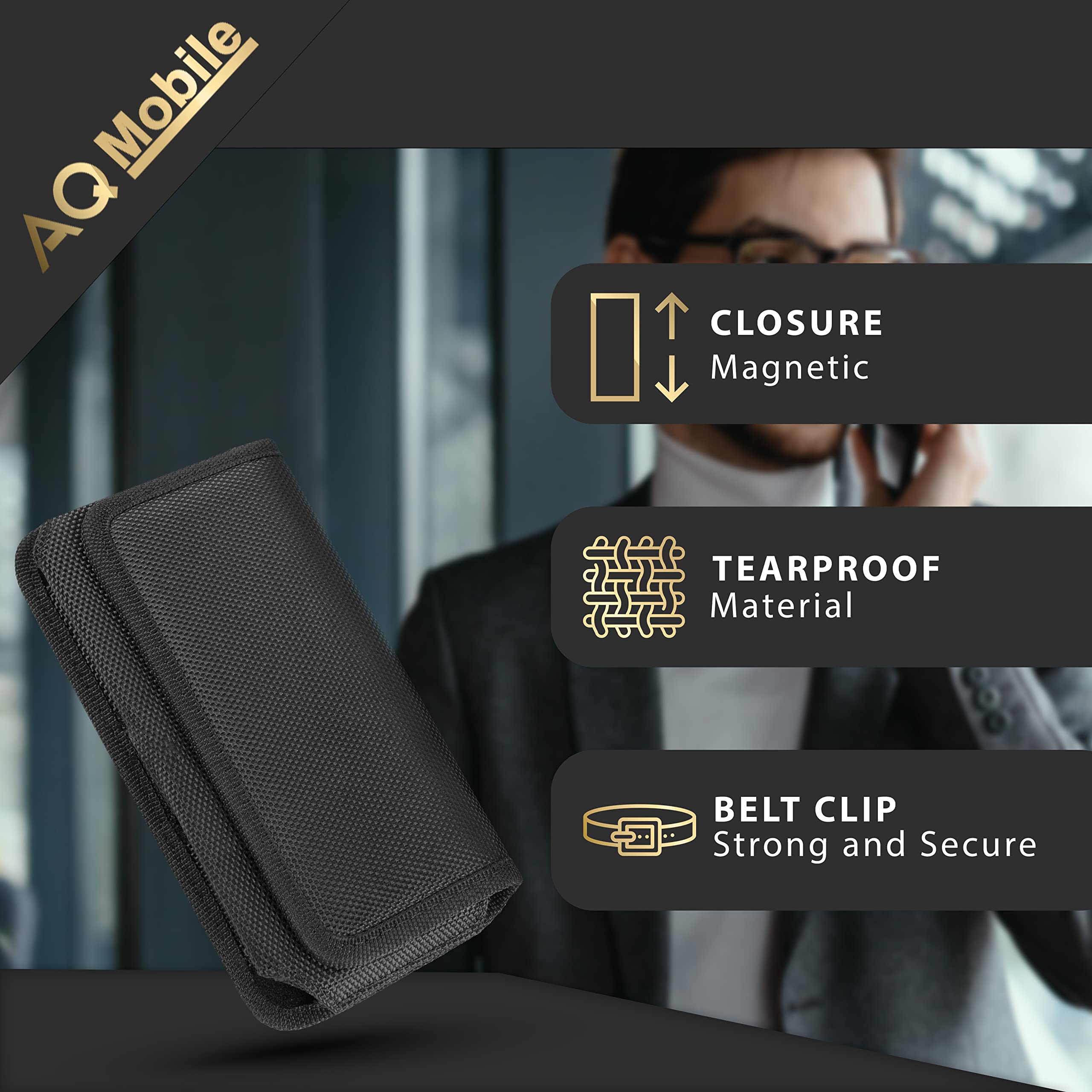 Premium AQ Mobile Belt Case for Apple iPhone 16 Pro Max & iPhone 16 Plus - Horizontal Design with Secure Belt Clip & Magnetic Closure - Durable Nylon Holster for Outdoor, Work & Active Lifestyle