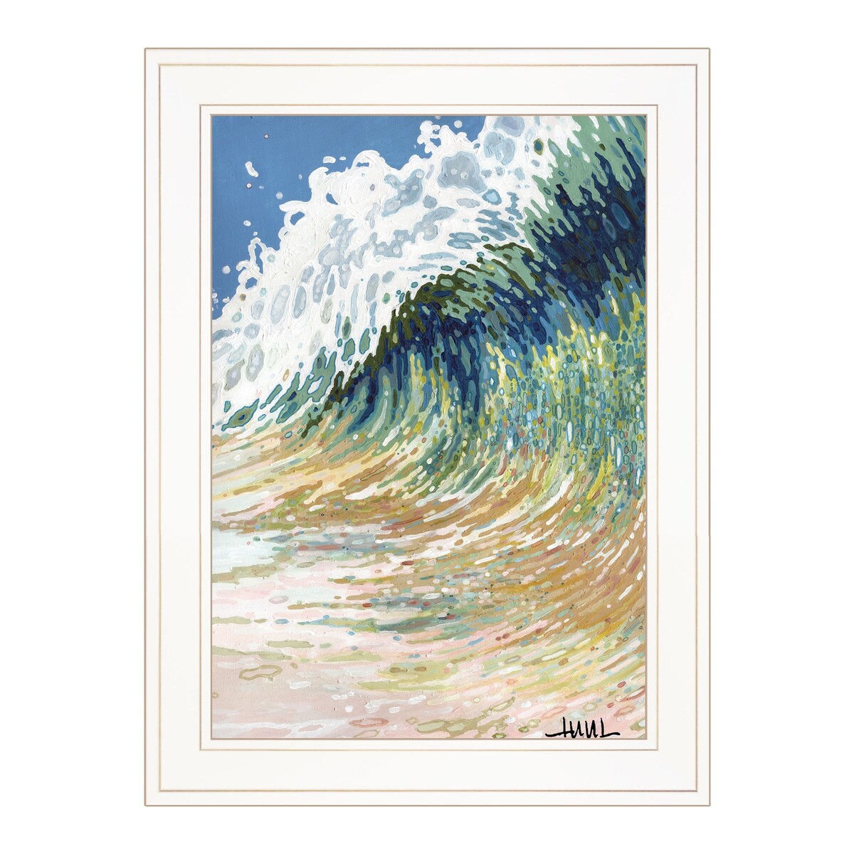 Big Wave Art Print by Artisan Margaret Juul - Blue, White, Green & Gray Framed Wall Decor - Ready to Hang Ocean Themed Artwork for Living Room, Bedroom or Office