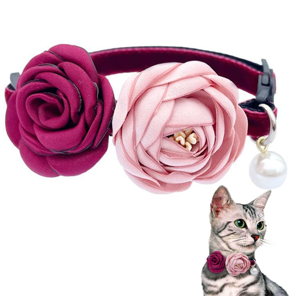 Fupo Adjustable Breakaway Cat Collar with Red & Pink Flower - Safe Pet Necklace for Small Cats & Dogs (7.5