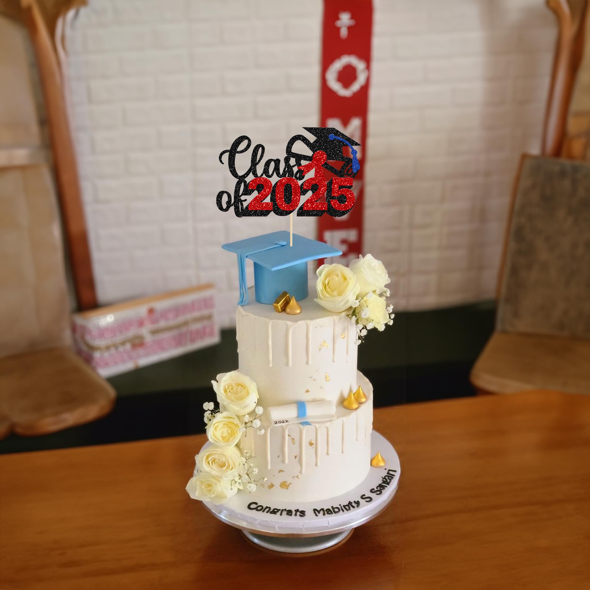 Class of 2025 Graduation Cake Topper - Red Glitter Diploma & Cap Cake Decorations for 2025 Graduation Party, Birthday, Celebration (1 Pack) - Perfect for Graduation Cakes, Cupcakes and Dessert Table Displays