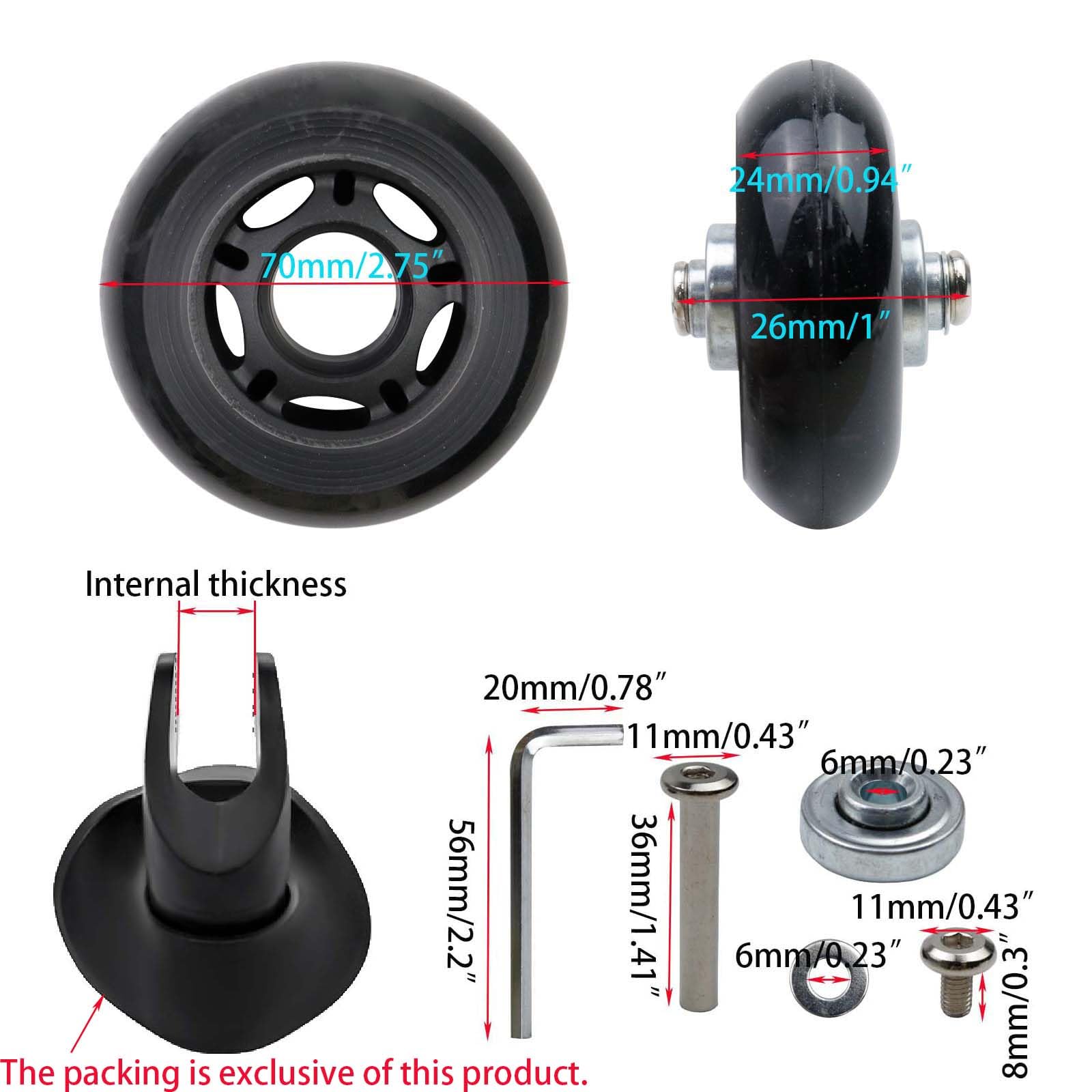 Woogim 2-Pack 2.75 Inch Black PVC Luggage Replacement Wheels - Durable Suitcase & Scooter Caster Wheels for Smooth Travel & Mobility