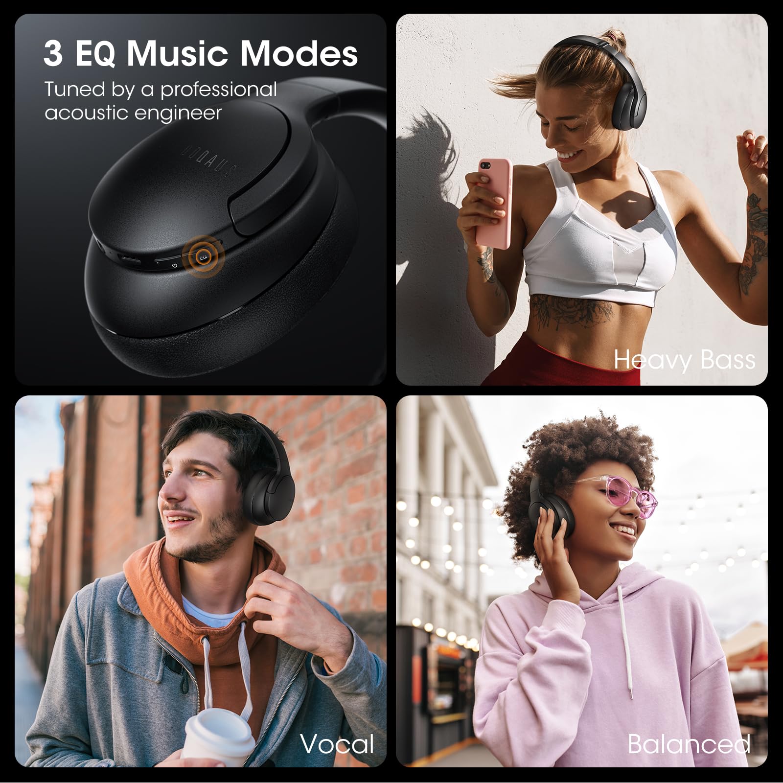DOQAUS Wireless Over-Ear Headphones with 90H Playtime, Bluetooth 5.0, HiFi Stereo Sound & Deep Bass - Built-in Mic, 3 EQ Modes, Foldable Design for iPhone, Android, PC - Perfect for Travel, Office, Gaming & Home Entertainment (Black)