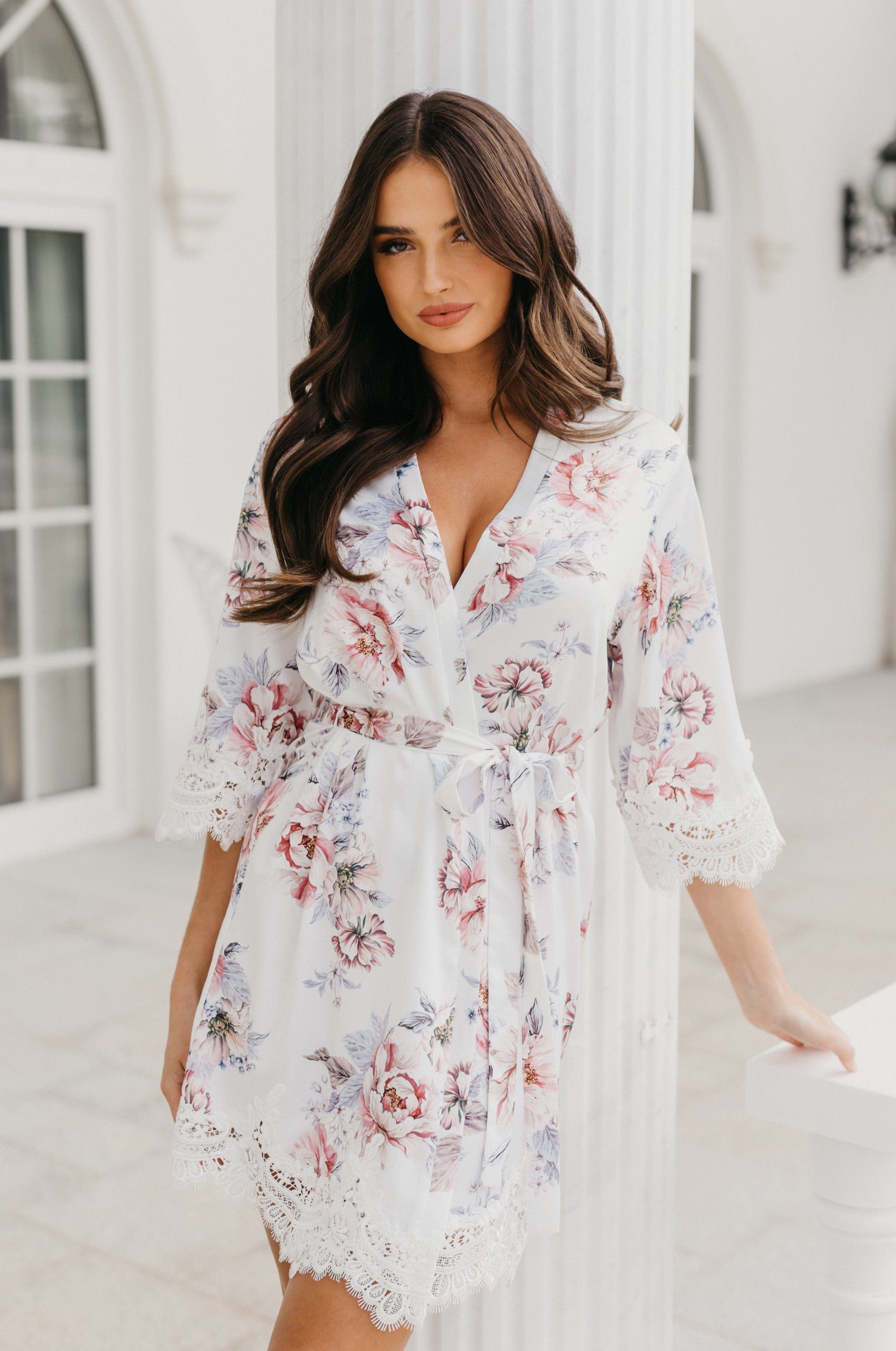 Serena Veiled Rose Printed Lace Trim Satin Robe - Elegant Bridal Lingerie & Boudoir Dress for Wedding Night, Honeymoon & Romantic Occasions