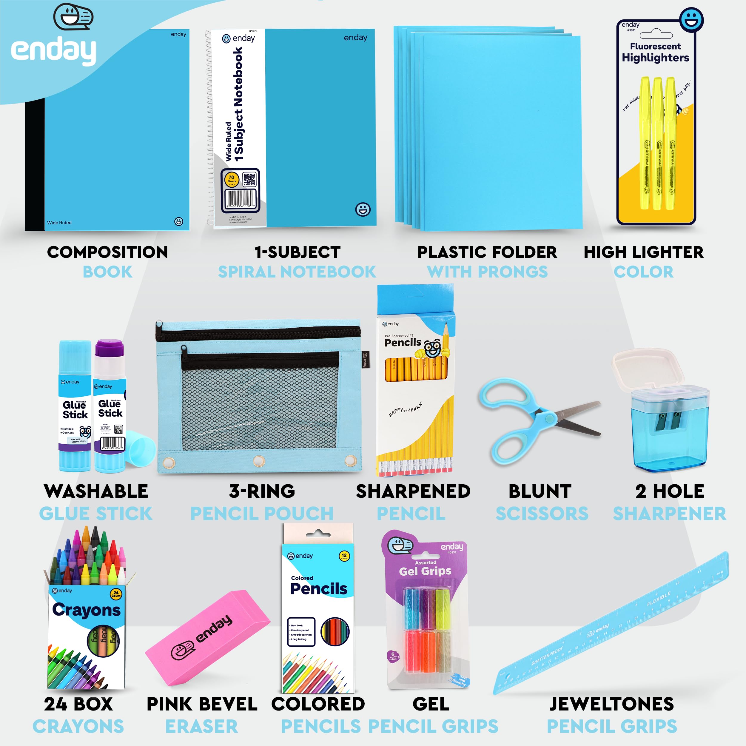 Enday Premium 71-Piece Back to School Supplies Kit for Kids - Blue School Supply Box for Grades K-5, High-Quality Kindergarten Supplies for Boys & Girls - Perfect for Classroom, Homeschool & Homework Organization