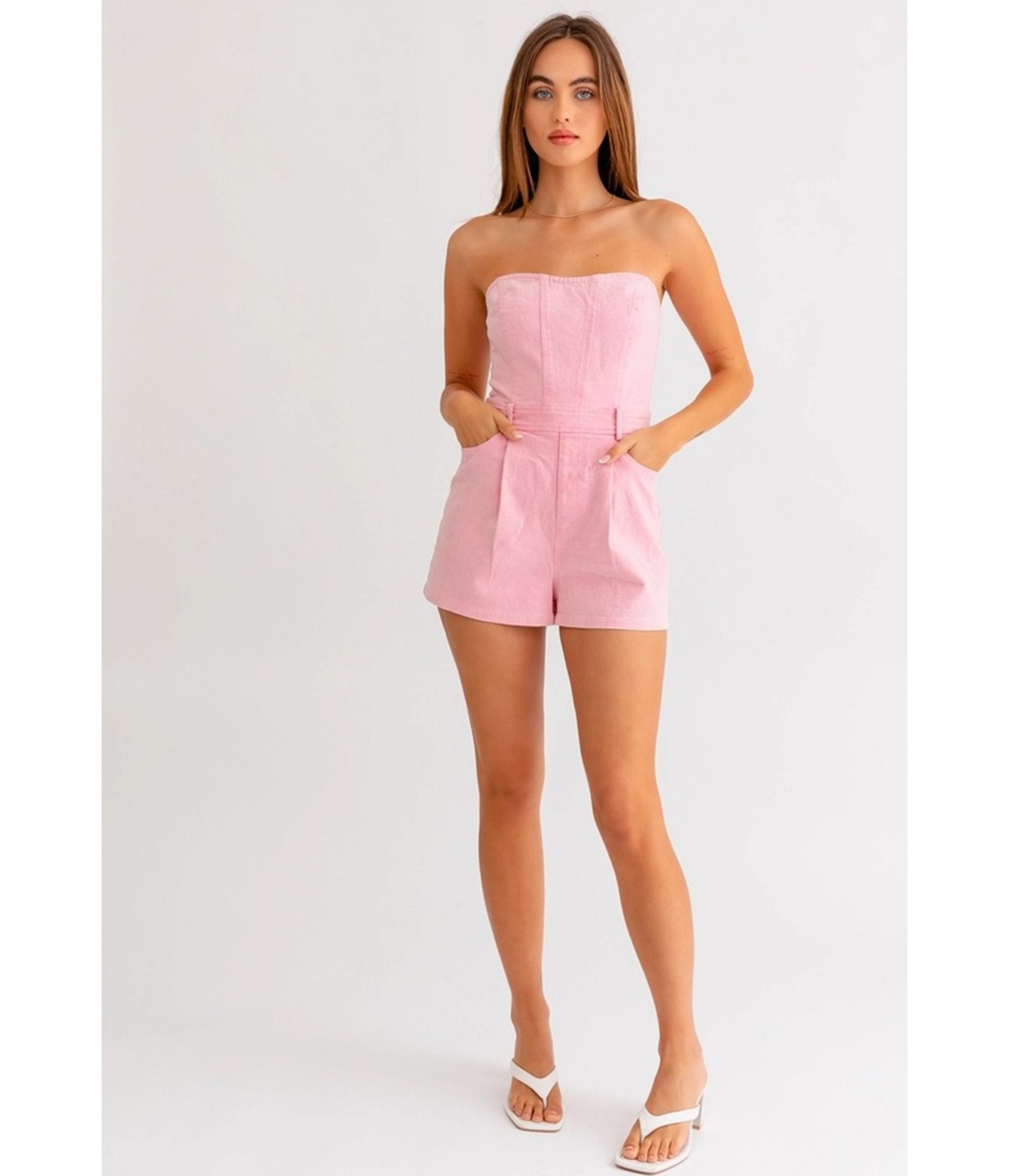 Stylish Pink Denim Tube Top Romper for Women - Trendy Summer Outfit for Beach, Music Festivals & Casual Wear