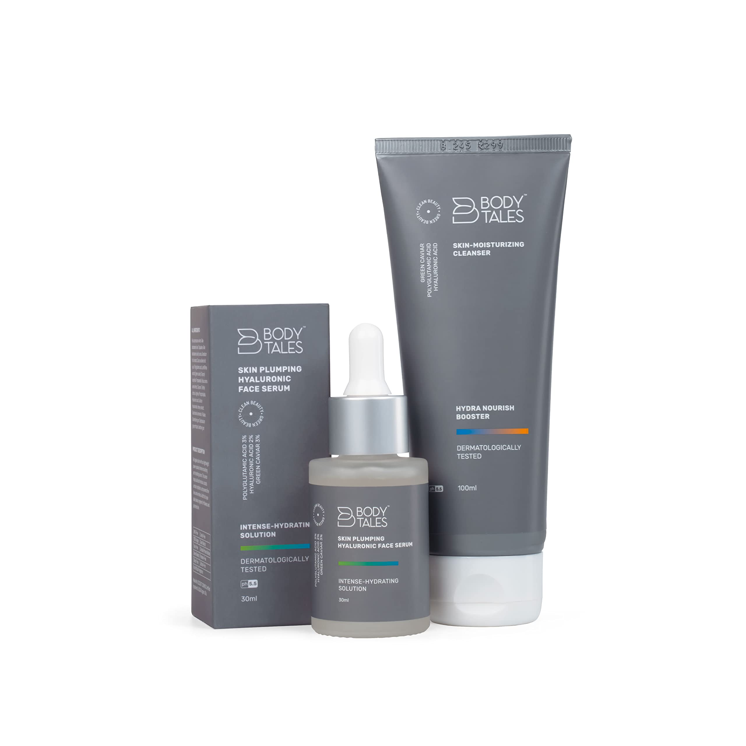 BODYTALES Hyaluronic Acid Face Serum 30ml & Hydrating Facial Cleanser 100ml - Anti-Aging, Plumping & Moisturizing Skincare Set for Dry, Oily & Sensitive Skin | Perfect for Daily Routine, Night Care & Travel Skincare Essentials (2-Piece Kit)
