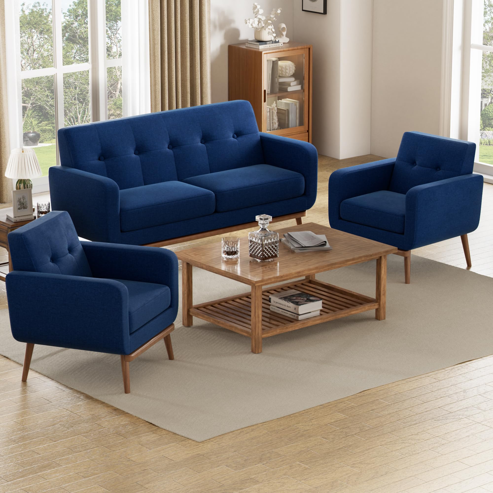 HUIMO Mid Century Modern Fabric Accent Chair - Button Tufted Armchair with Upholstered Seat for Living Room, Bedroom, Office & Study - Easy Assembly Comfortable Reading Chair (Dark Blue) - Perfect for Relaxing, Working or Decorating Your Home Space