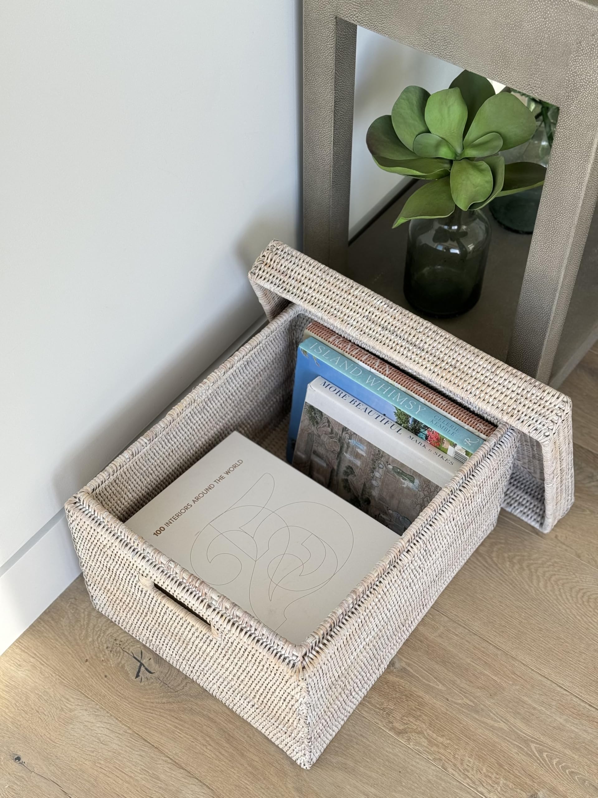 Kouboo La Jolla Rattan Storage Basket with Lid - Whitewashed Wicker Organizer for Toys, Laundry, Kitchen & Living Room | Decorative Home Storage Solution for Bedroom, Bathroom and Office Organization