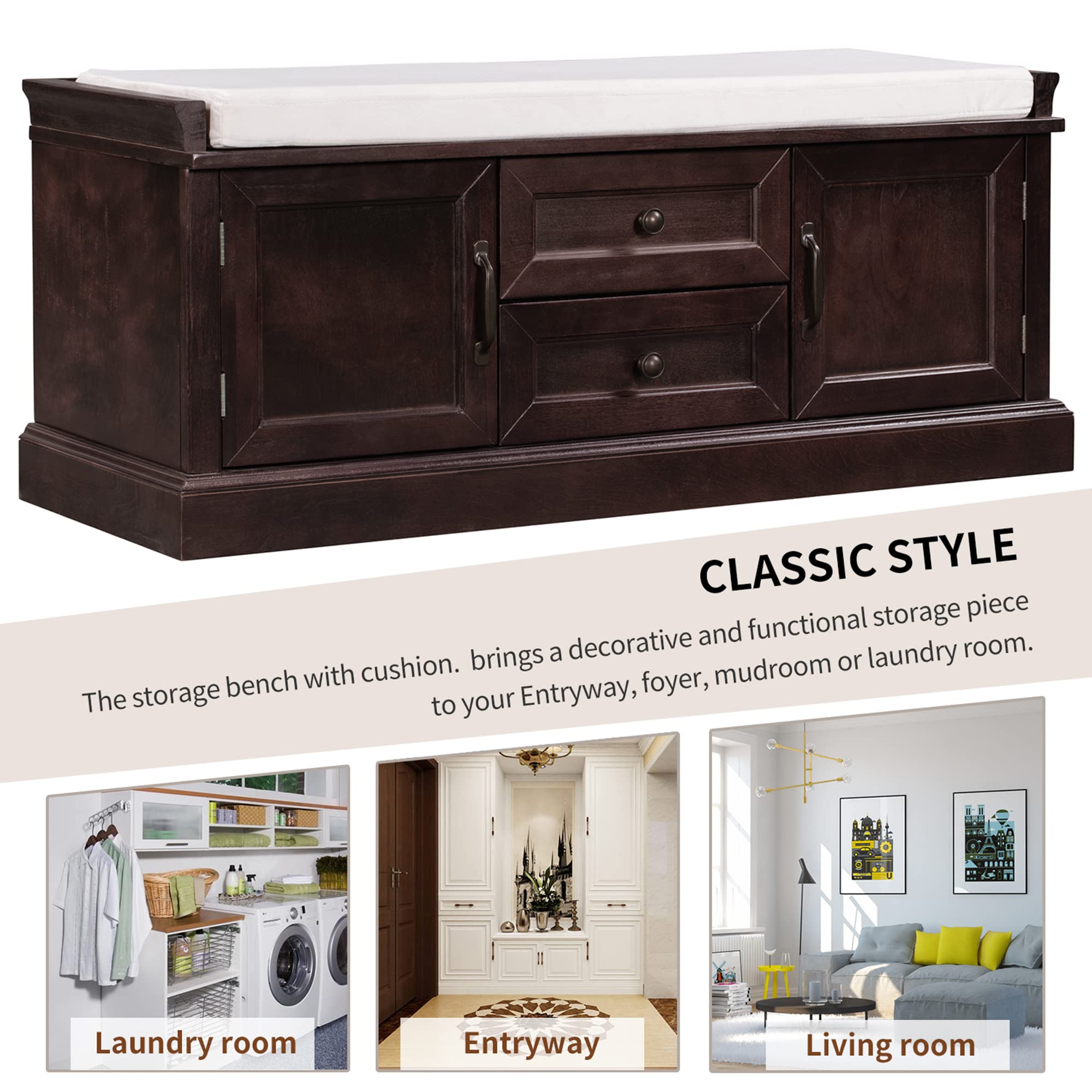 Merax 2-Drawer 2-Cabinet Storage Bench with Removable Cushion - Espresso Shoe Bench for Entryway, Living Room & Bedroom - Perfect for Organizing Shoes, Blankets & Home Decor
