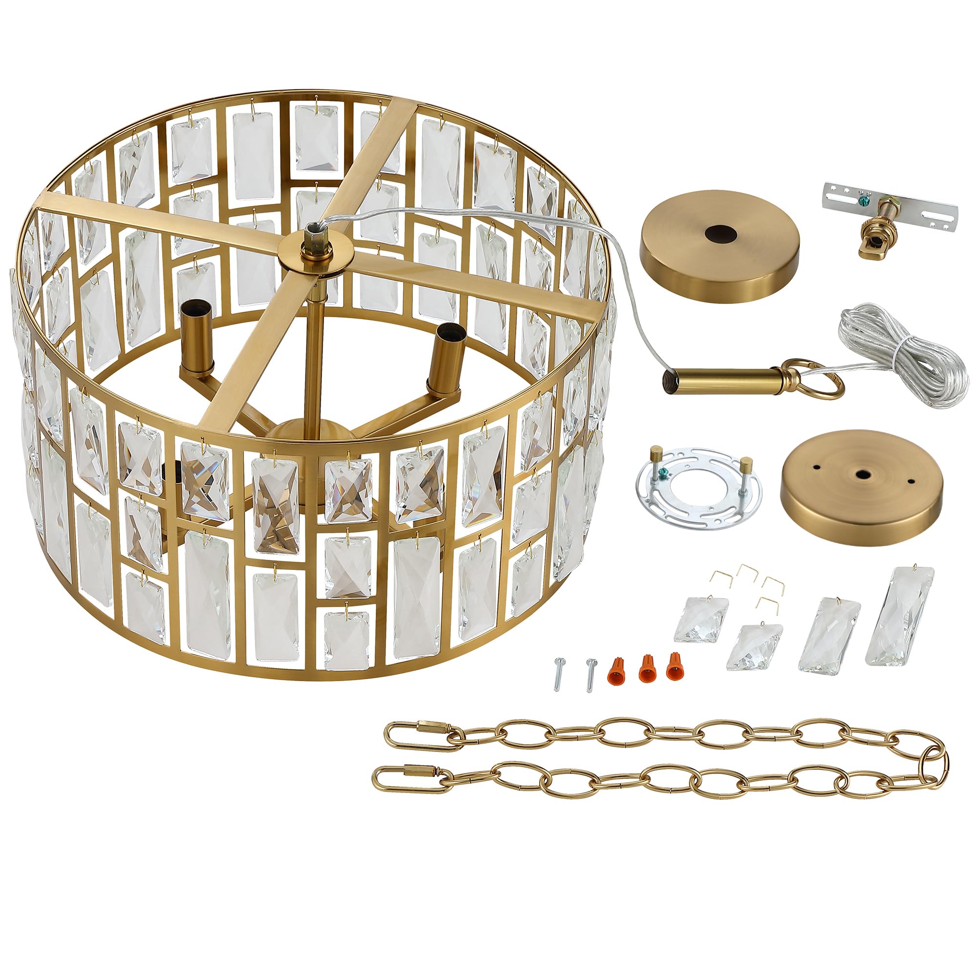 Farmhouse Crystal Convertible Chandelier & Semi-Flush Mount Lighting - Gold Cylinder Drum Shade Pendant Light Fixture for Kitchen Island, Dining Room, Bedroom & Hallway | Elegant Home Decor & Ambient Lighting Solution