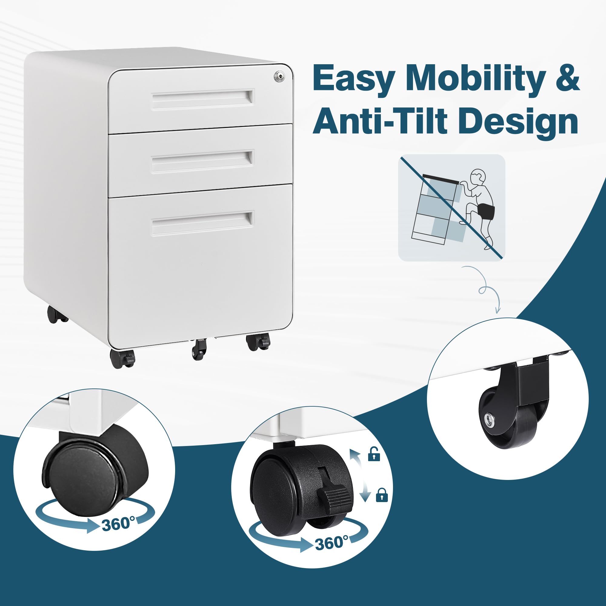 MIIIKO 3-Drawer Mobile File Cabinet with Lock, White Small Under Desk Storage for Home Office - Rolling Wheels, Holds A4/Letter/Legal Hanging Folders - Perfect for Document Organization in Small Spaces