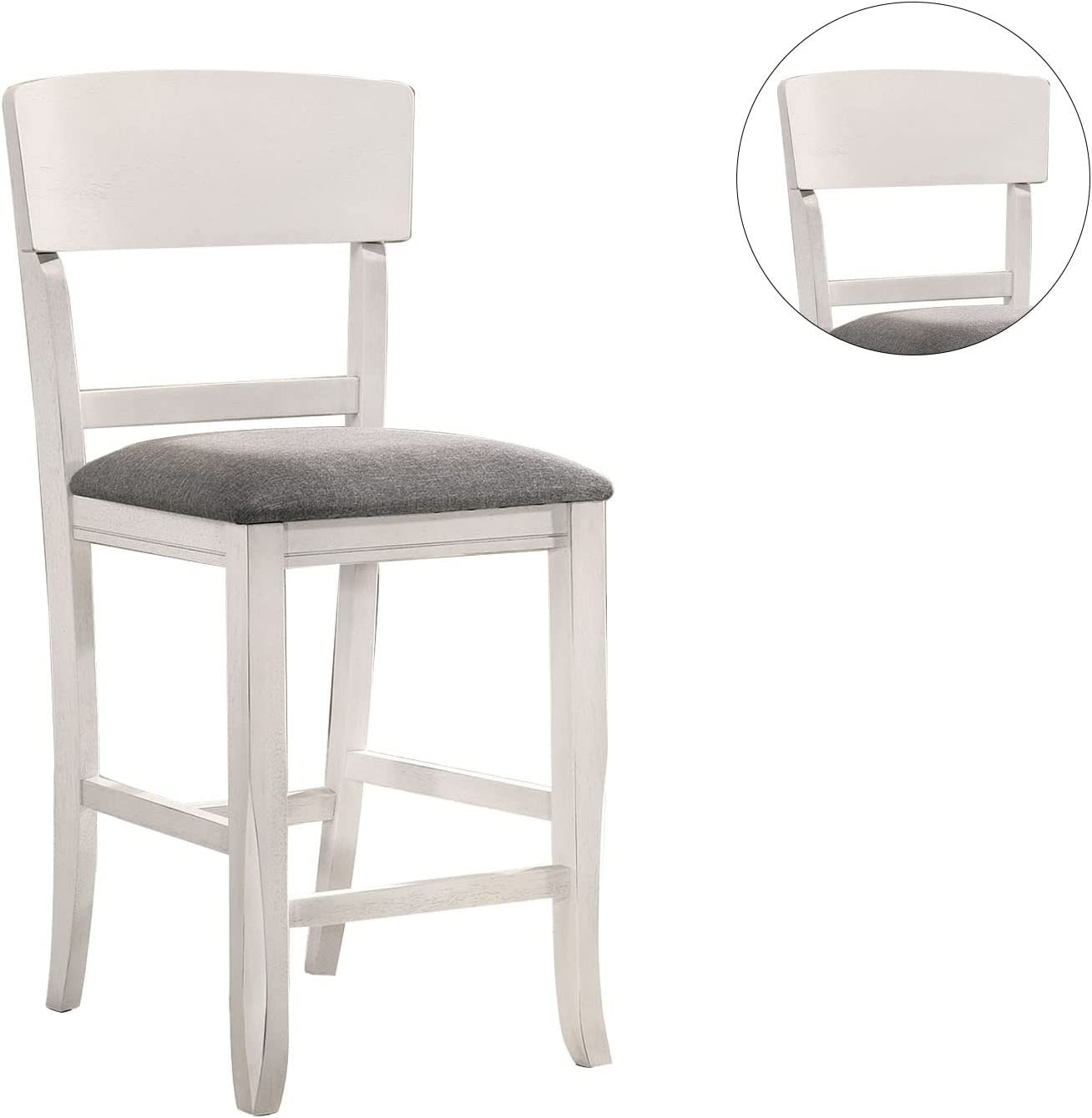 Modern Counter Height Dining Chairs Set of 2 - White Solid Wood with Gray Padded Fabric Seat - Perfect for Kitchen Islands, Breakfast Nooks & Small Space Dining Areas