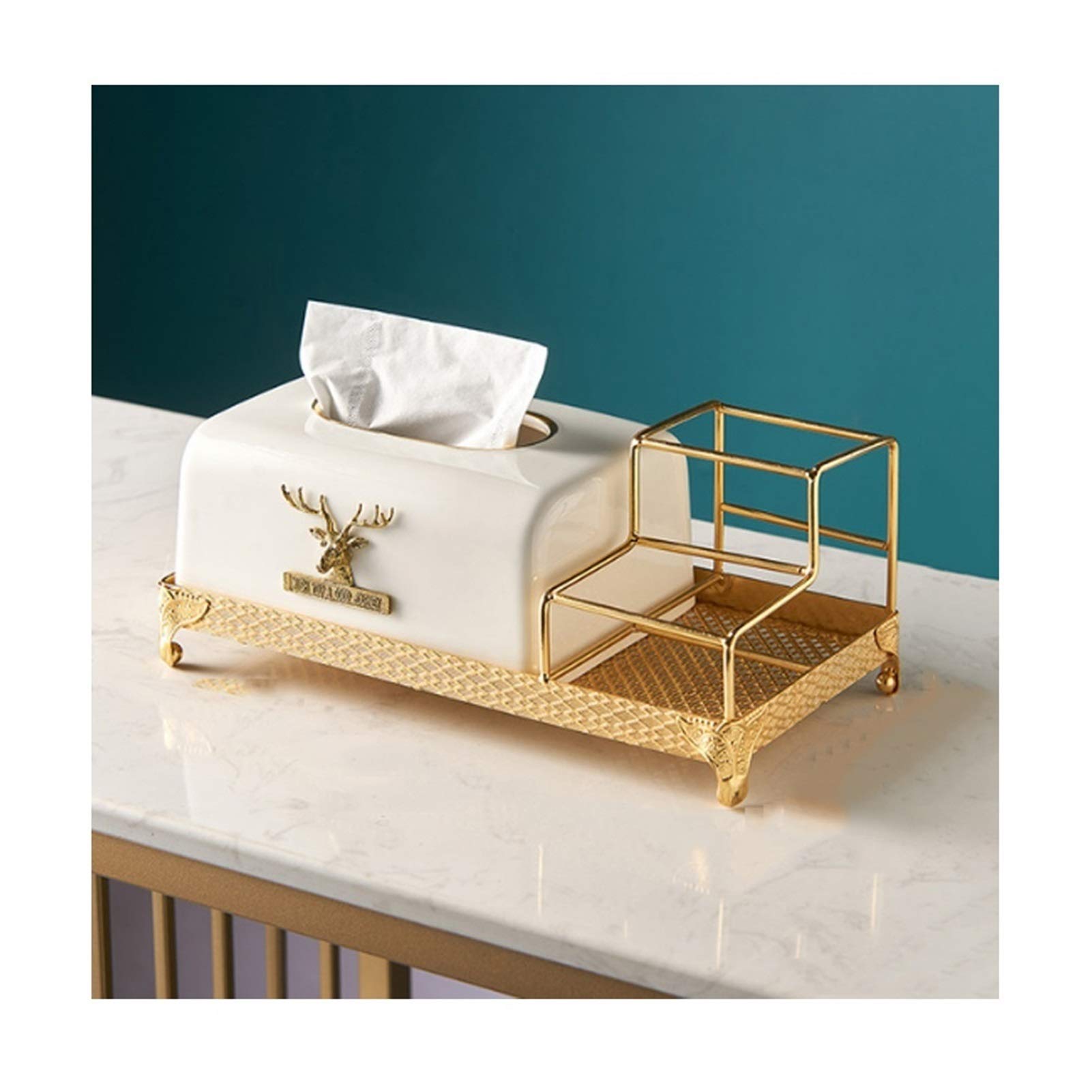 NIUFGC 3-Compartment Bamboo Tissue Box Cover with Remote Holder - Ceramic & Wooden Desk Organizer for Home Office | White | Perfect for Living Room, Bedroom & Workspace Organization