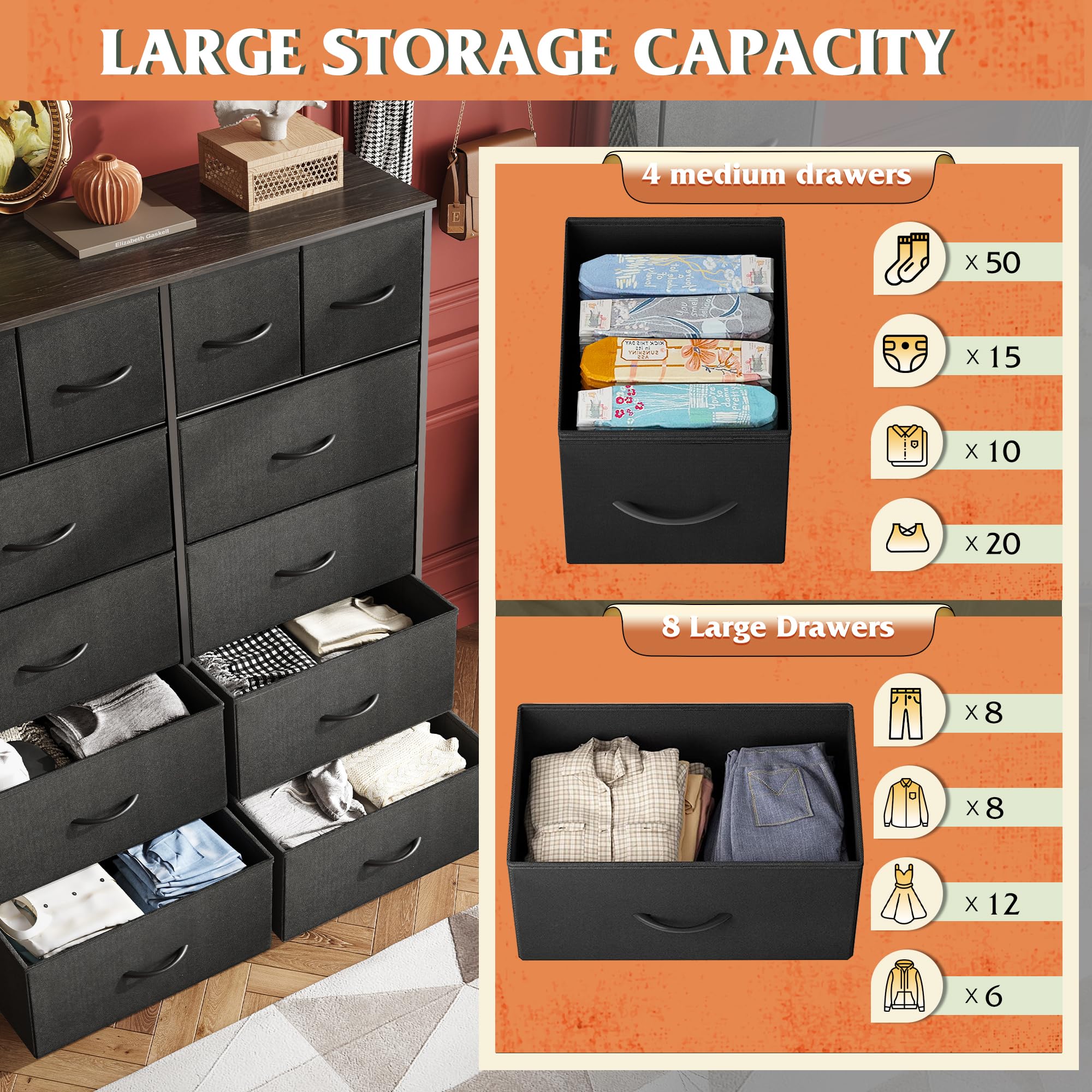 WLIVE 12-Drawer Tall Dresser for Bedroom - Fabric Storage Chest with Steel Frame & Wood Top in Charcoal Black - Perfect for Bedroom Organization, Closet Storage & Home Decor