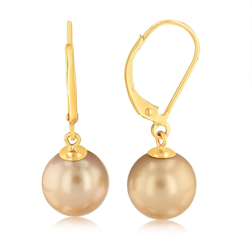 9ct Yellow Gold 9-10mm Golden South Sea Pearl Drop Earrings for Women - Elegant Dangle Pearl Jewelry for Wedding, Party & Special Occasions