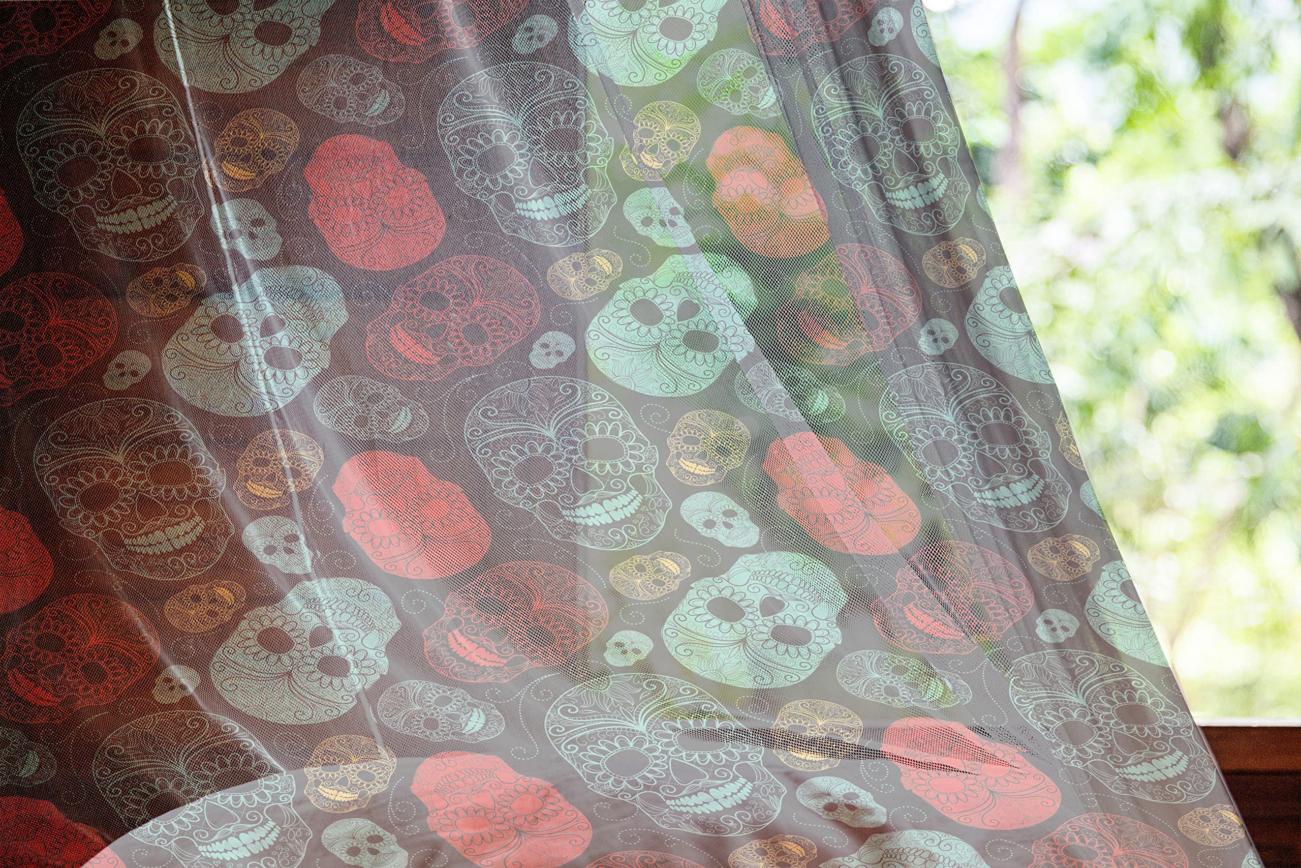 Ambesonne Day of The Dead Skull Tulle Curtains - 2 Panels Rod Pocket Sheer Drapes 108x63 Inch, Charcoal Grey Multicolor for Halloween Decor, Gothic Wedding Party & Home Decor