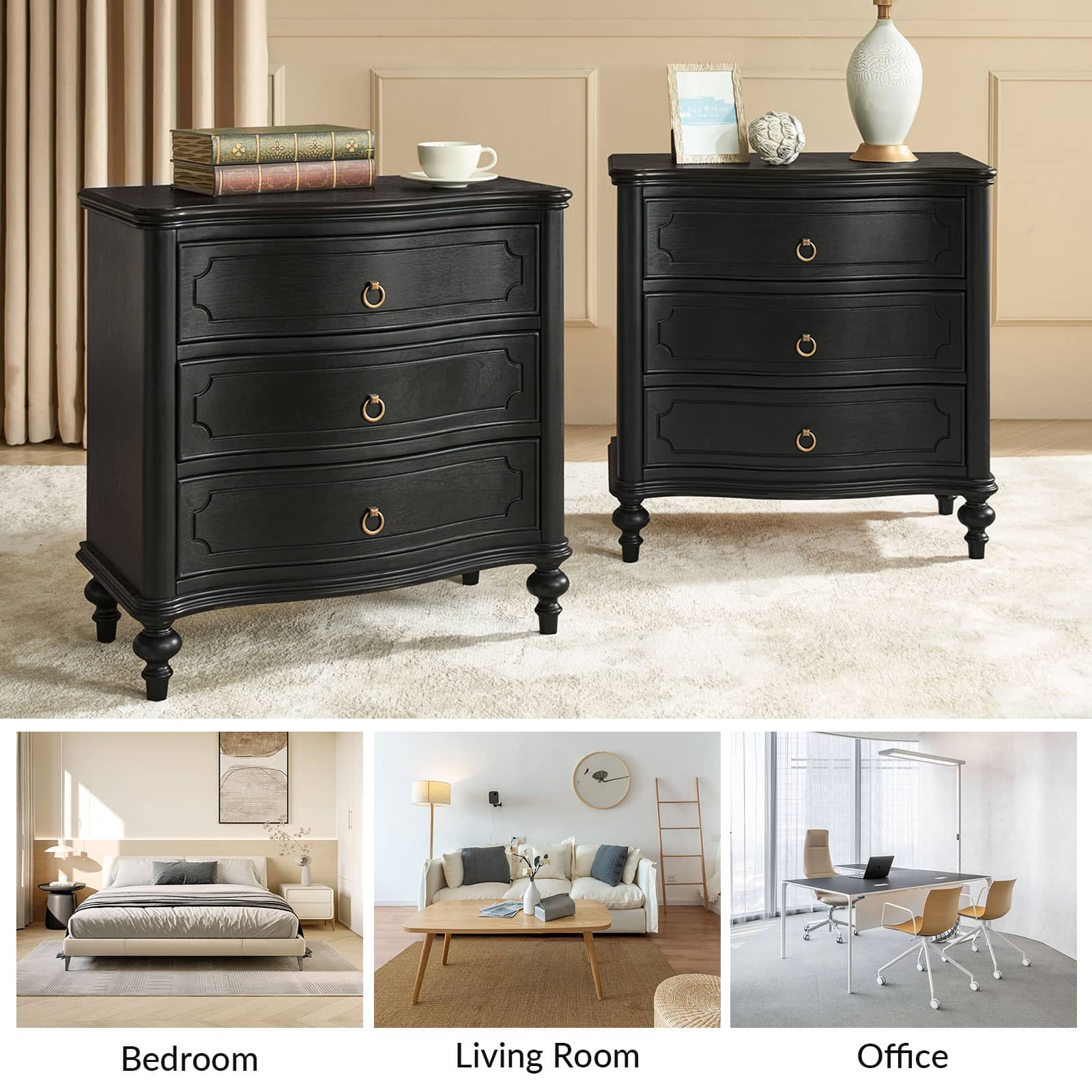 Bernhard 3 Drawer Traditional Nightstand with USB Outlets - Solid Wood Bedside Table for Bedroom, Living Room & Office - Charging Station & Storage Cabinet
