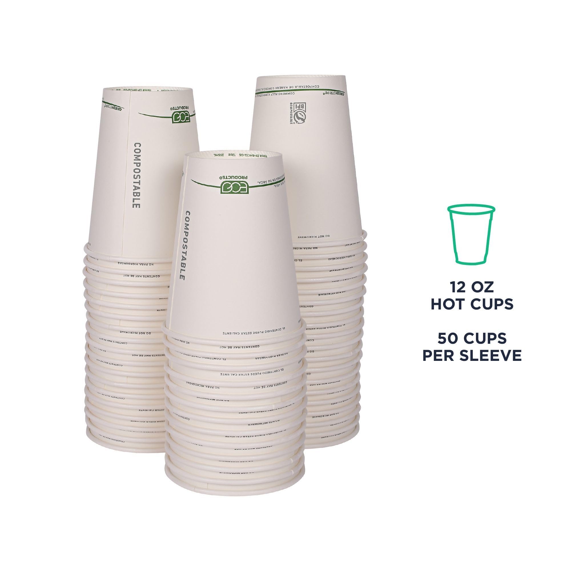 ECO PRODUCTS Compostable 12oz Coffee Cups - 1000 Count Case, White Single Wall Hot Paper Cups with Plant-Based PLA Lining | Biodegradable & Eco-Friendly Disposable Cups for Coffee Shops, Offices, and Events