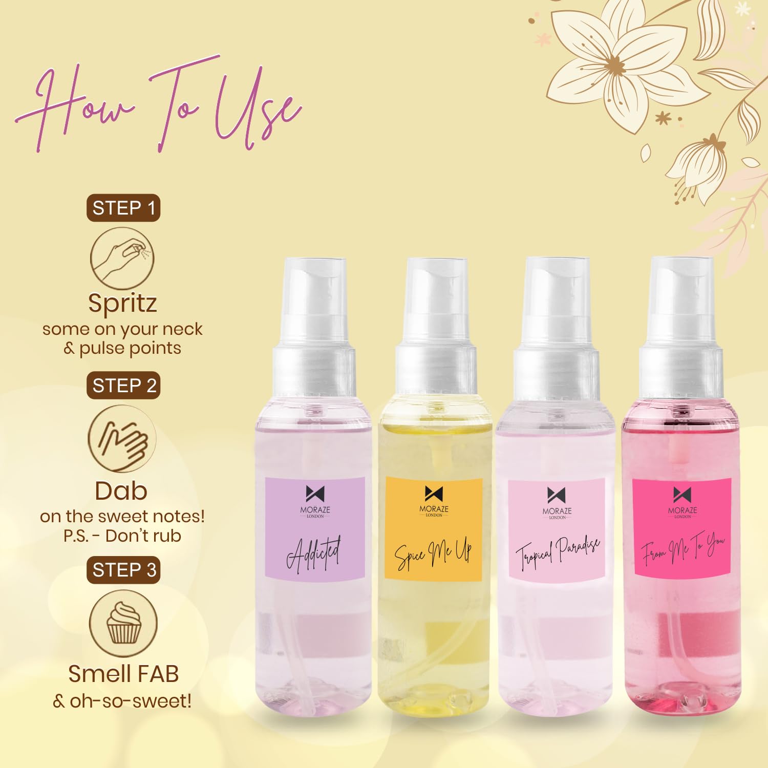 MORAZE 4-Pack Long Lasting Strong Scent Body Perfume for Men & Women - Multi Fragrance Eau de Toilette Spray for Daily Wear, Work, Date Night & Special Occasions