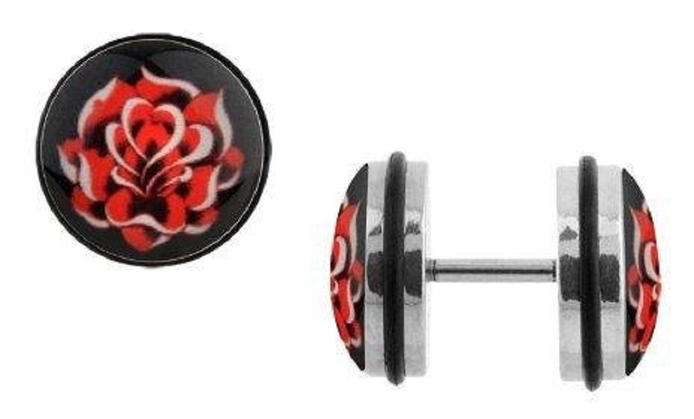 16G Fake Rose Cheater Plug Earrings & Rings Set - Hypoallergenic Body Jewelry for Cartilage, Helix, Nose Piercing - Perfect for Punk, Goth, Emo Style