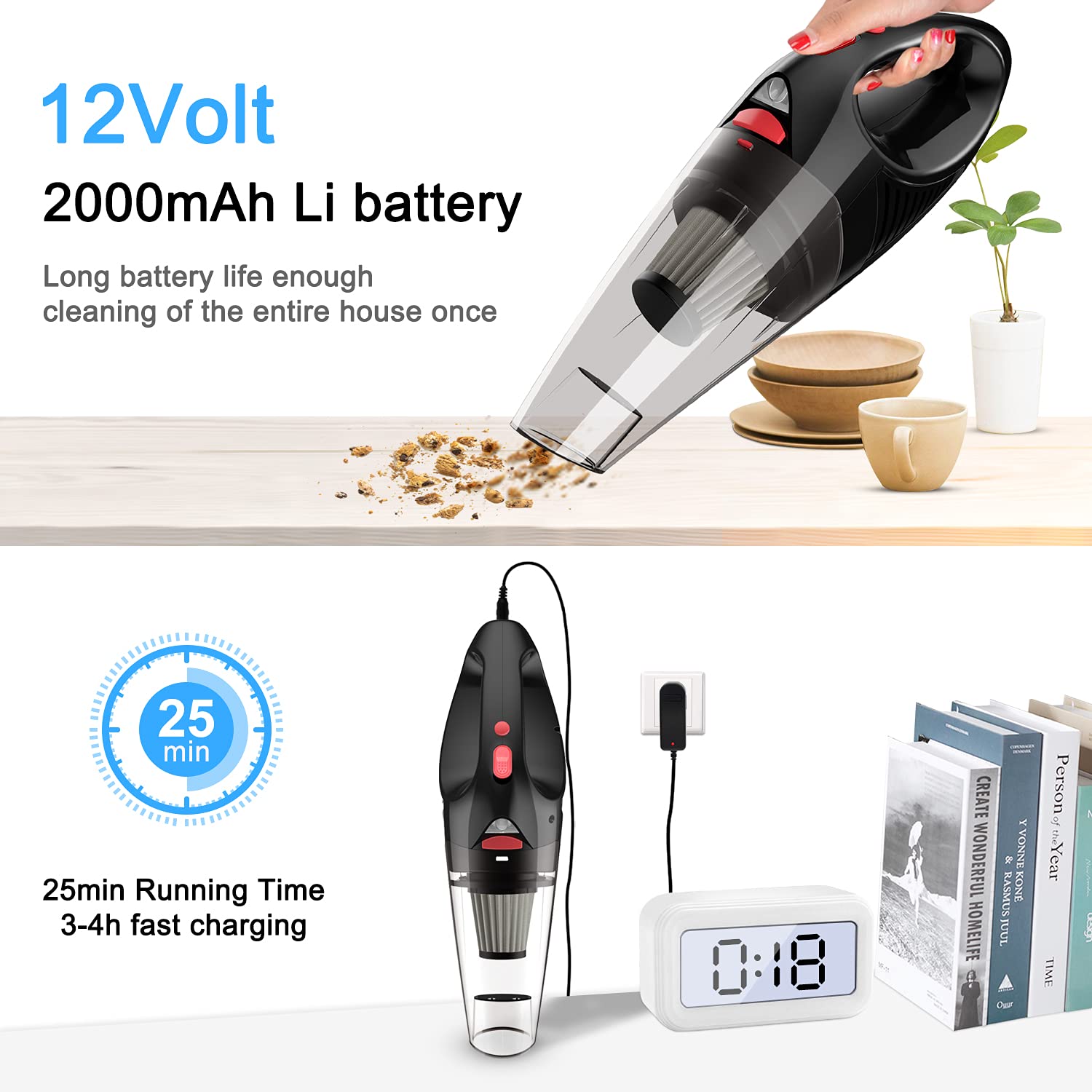 120W High Power Cordless Handheld Vacuum Cleaner - 7000PA Strong Suction, Rechargeable Lithium Battery, Wet/Dry for Pet Hair, Stairs, Carpet & Car Cleaning | Portable Hand Vac for Home & Auto Use