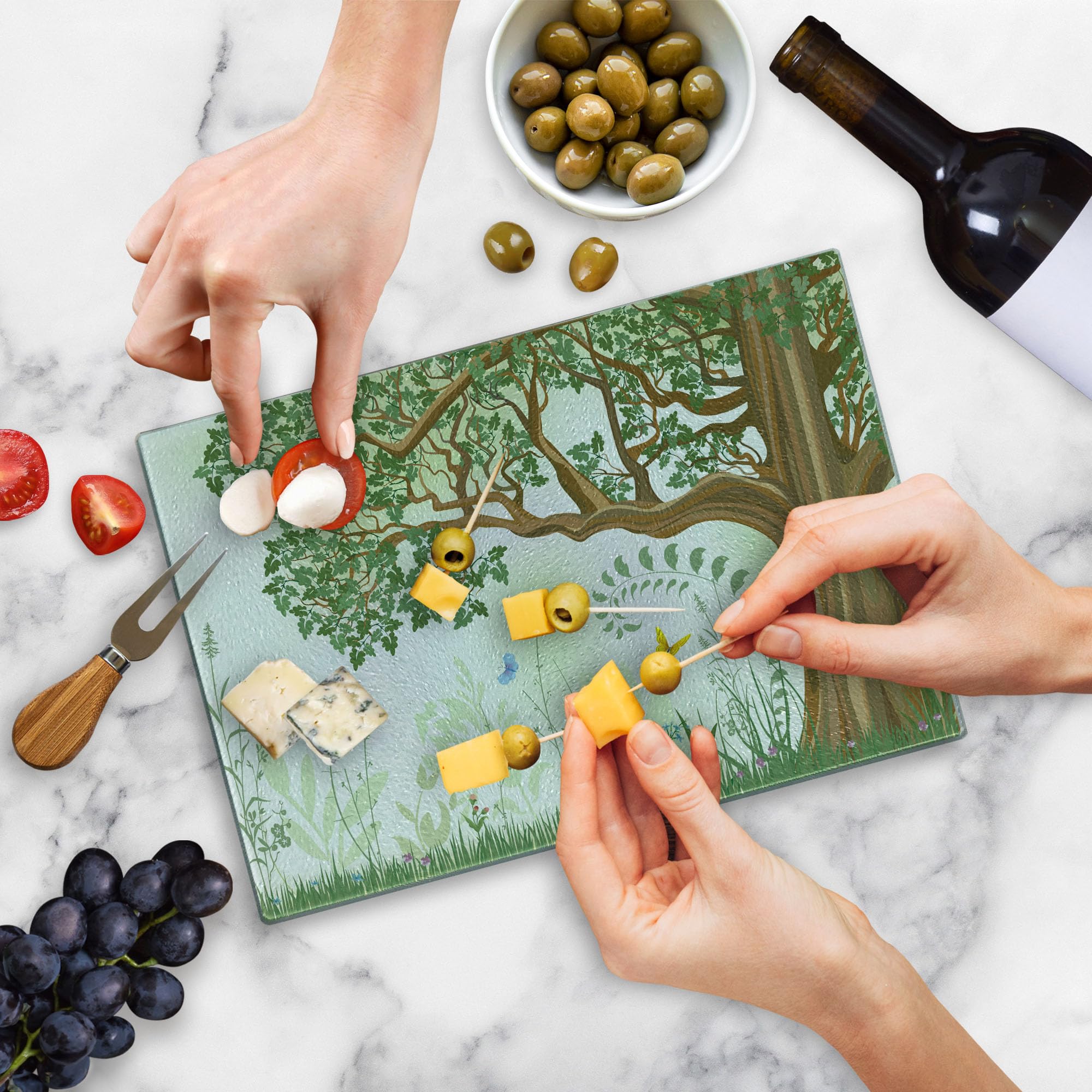 Ambesonne Nature Themed Cutting Board - Spring Summer Tree Grass Butterfly Oil Painting Design, Decorative Tempered Glass Serving Board for Kitchen, Small Size (Green Brown White) - Perfect for Cheese Platters, Charcuterie Displays & Wall Art Decor