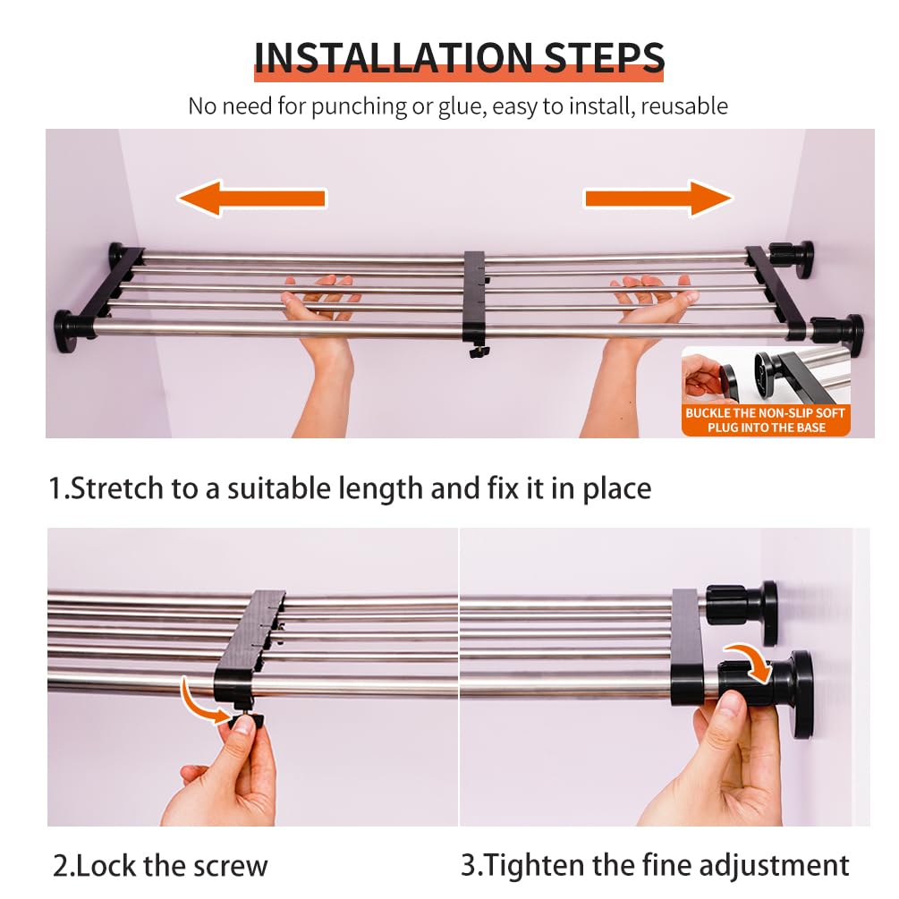 Hershii Expandable Closet Organizer - Adjustable Tension Shelf Rod, 23.62-39.37 Inches Metal Storage Rack for Wardrobe, Cabinet, Kitchen & Bathroom - Space Saving DIY Divider (Black) - Perfect for Small Spaces & Closet Organization