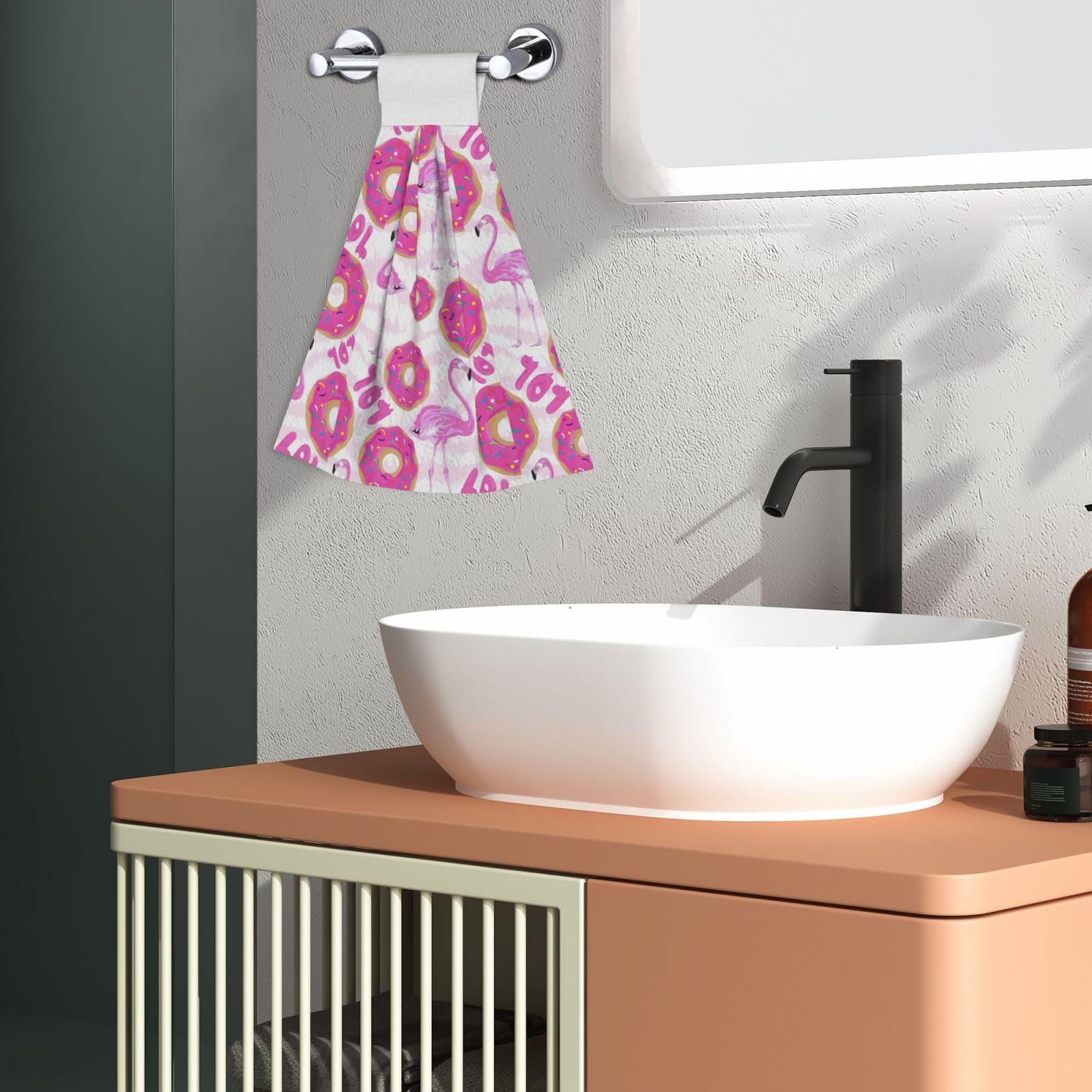 Flamingo & Donuts Hanging Kitchen Towel Set - Soft Coral Velvet Hand Towels with Loops for Bathroom, Kitchen & Dish Wiping | Cute Home Decor & Practical Cleaning Cloth for Daily Use