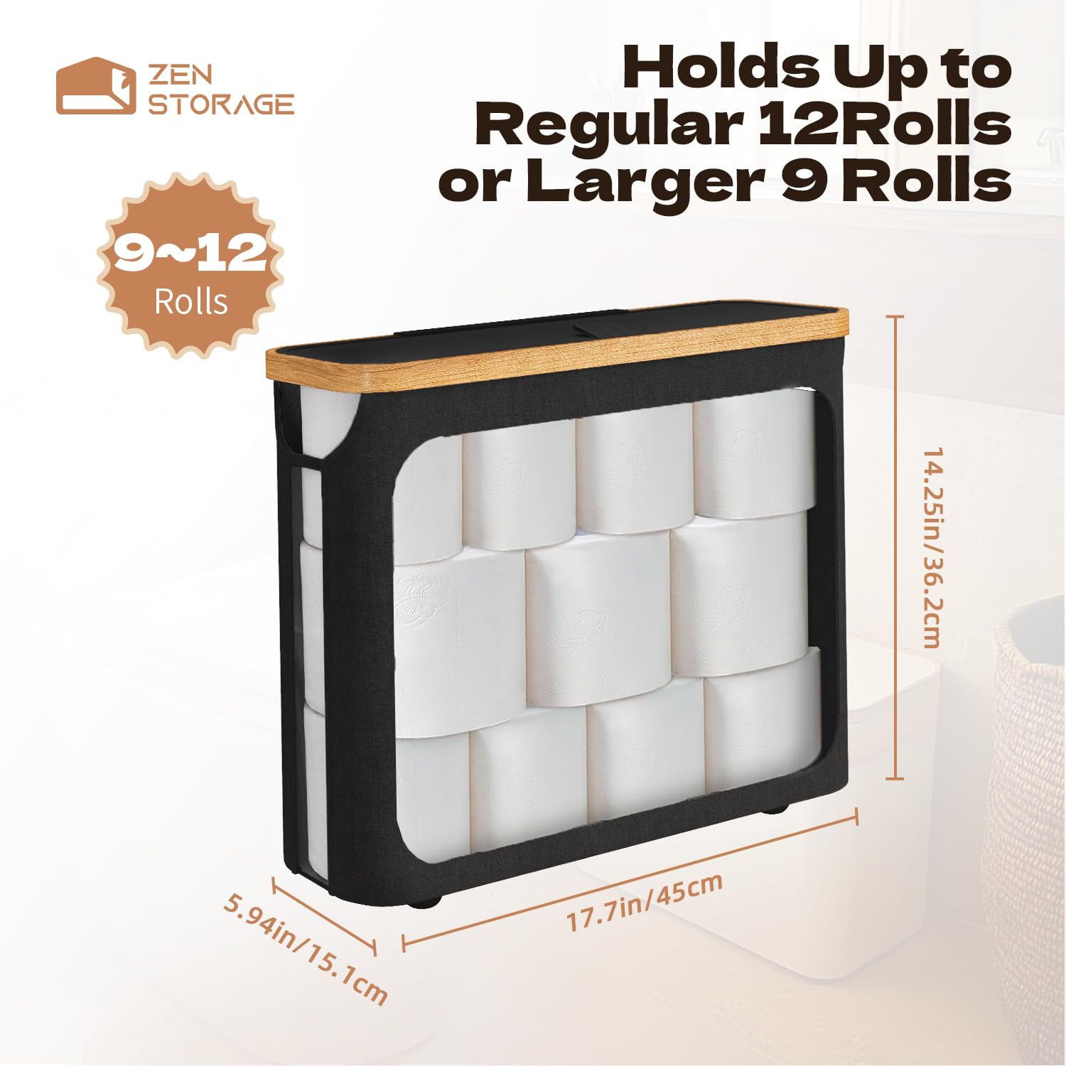 Bamboo Lid Toilet Paper Storage Basket - Holds 12 Rolls, Free Standing Bathroom Organizer with Storage Space - Perfect for Small Bathrooms, Apartments & Vanity Organization (Black)