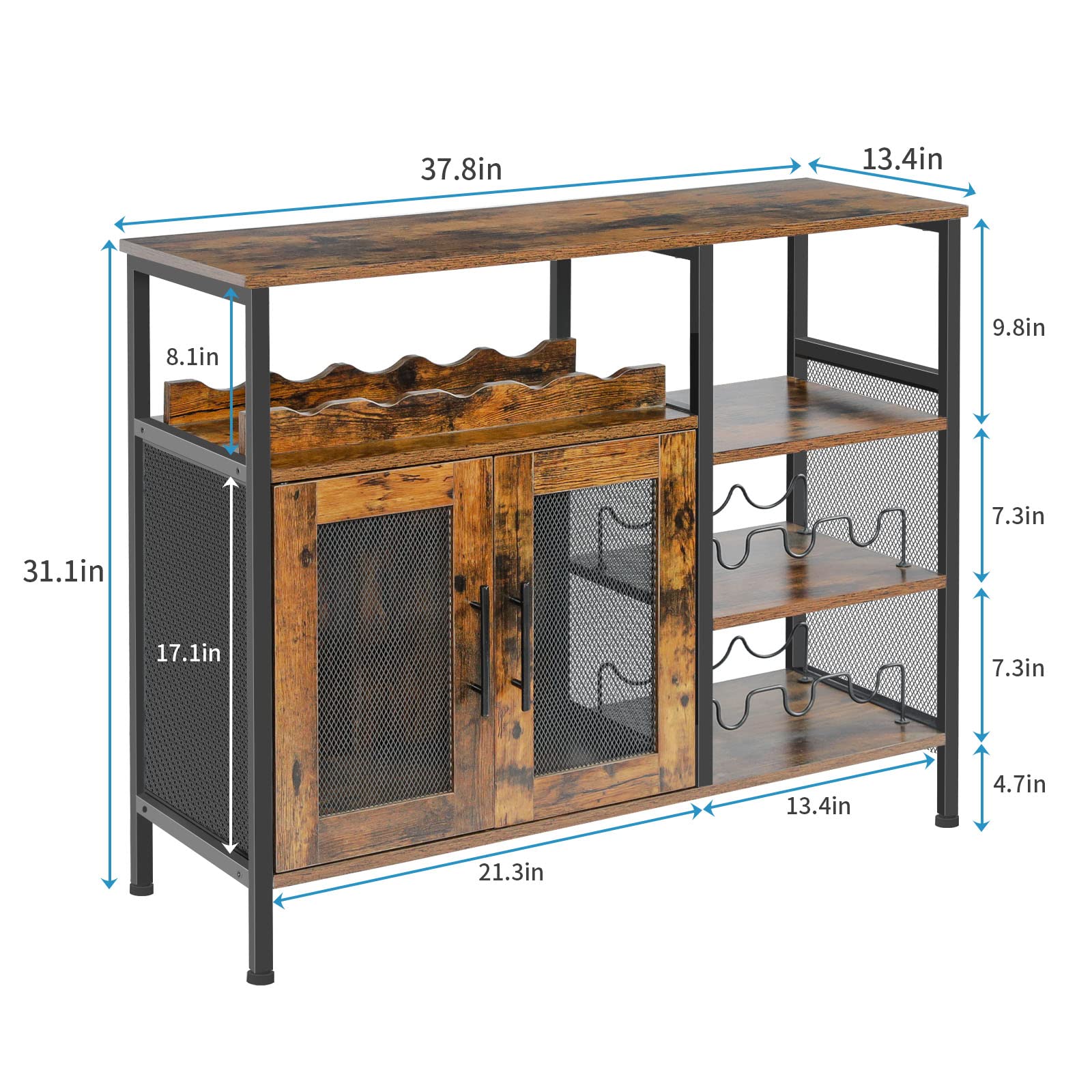 Rustic Brown X-cosrack Wine Bar Cabinet with Detachable Wine Rack & Glass Holder - Coffee Bar Sideboard with Mesh Door for Dining Room, Kitchen or Living Room Storage