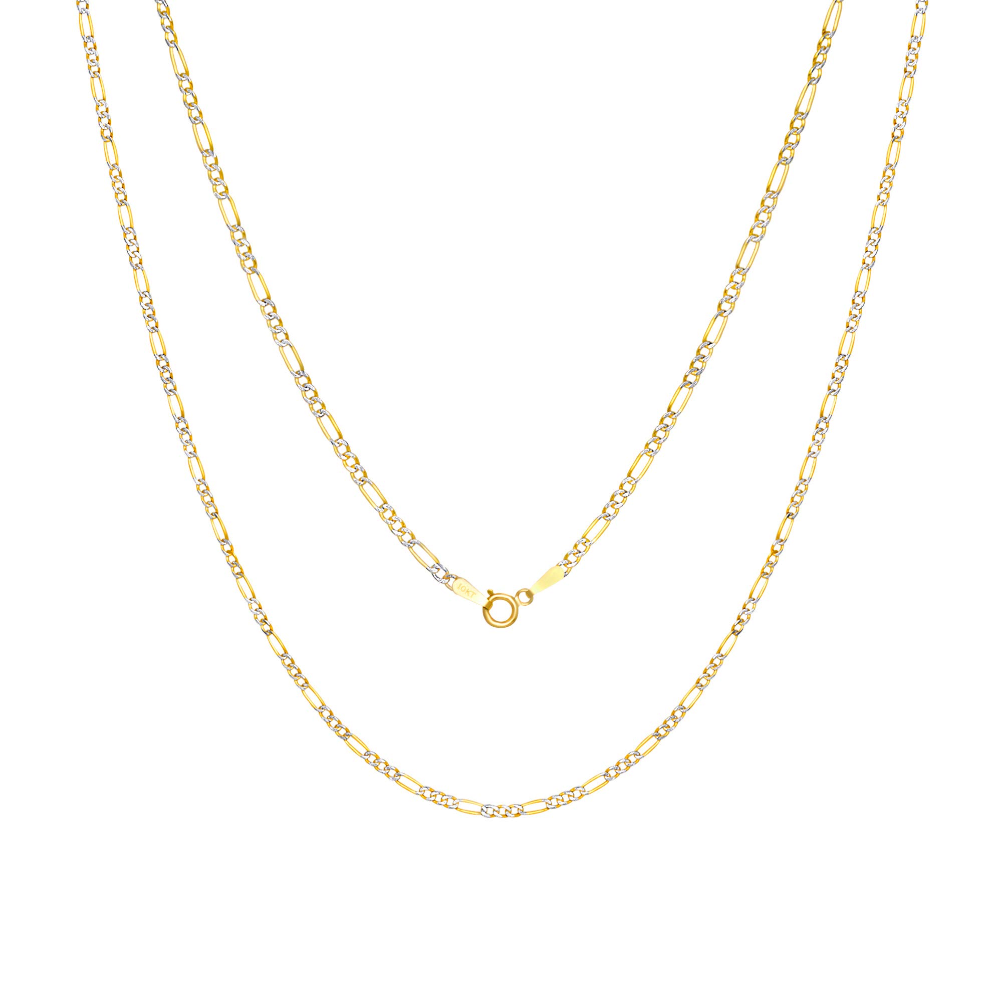 10k Real Yellow Gold Figaro Link 2mm Diamond Cut Pave Chain Necklace for Men & Women - 16