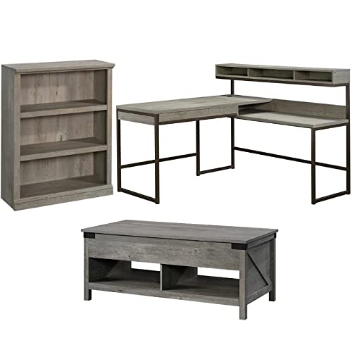 Home Square 3-Piece Living Room Set - 3-Shelf Bookcase, Coffee Table & L-Shaped Writing Desk for Study, Office & Home Decor