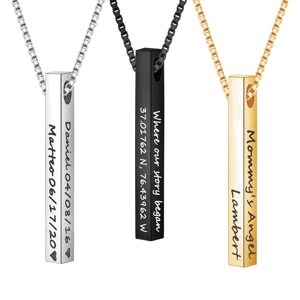 Custom 3D Engraved Stainless Steel Vertical Bar Name Necklace for Men & Women - Personalized Pendant Jewelry Gift for Anniversary, Birthday & Special Occasions
