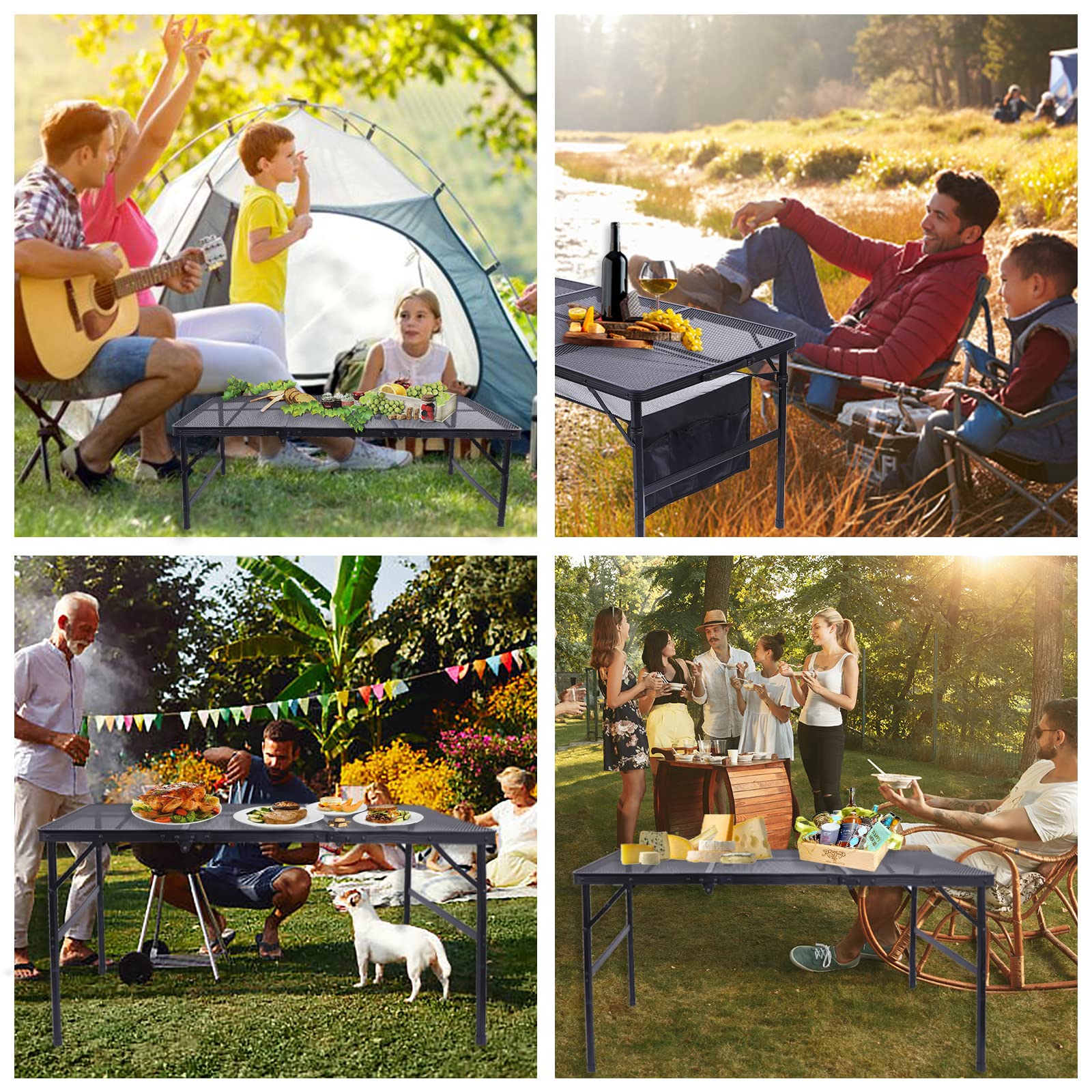 WGOS Folding Camping Table - Adjustable Height Portable Picnic Table with Mesh Storage Bag & Cup Holders, Lightweight Outdoor Indoor Table for Beach, Backyard, Tailgating, BBQ Parties (Large Black) - Perfect for Camping, Picnics, and Outdoor Adventures