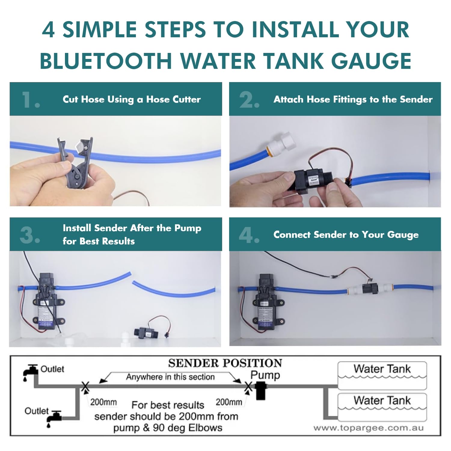 Topargee Bluetooth Water Tank Gauge H2F-BT12 - Smart Wireless Water Level Monitor with Liter/Gallon Measurement for RV, Boat & Home Water Storage Tanks | Real-Time Usage Tracking & Capacity Alerts