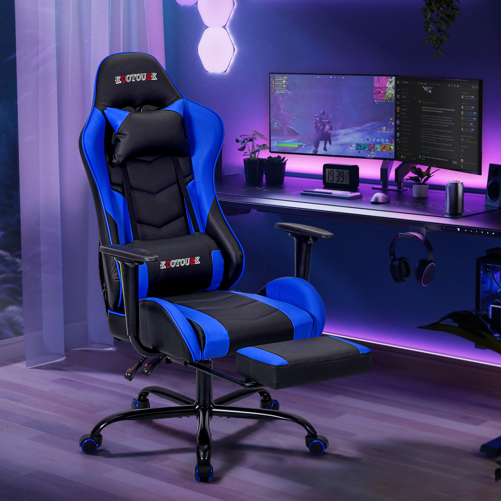 ECOTOUGE Ergonomic PC Massage Gaming Chair with Adjustable Footrest - Racing Style PU Leather Office Desk Chair with Headrest & Lumbar Support - Recliner Swivel Rocker for Home/Office/Gaming (Blue)