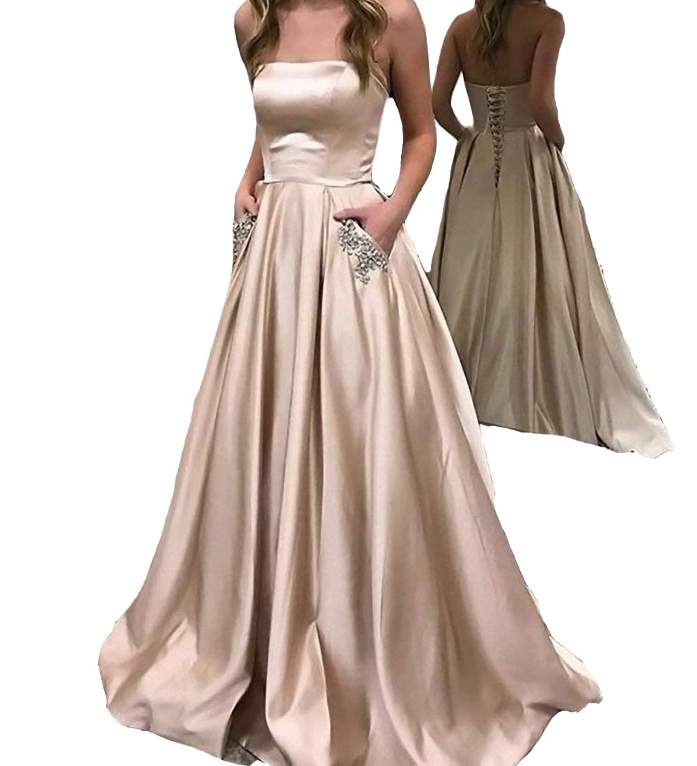 Elegant Strapless Beaded Satin Prom Dress with Pockets - Women's Formal Evening Gown for Homecoming, Wedding & Special Occasions